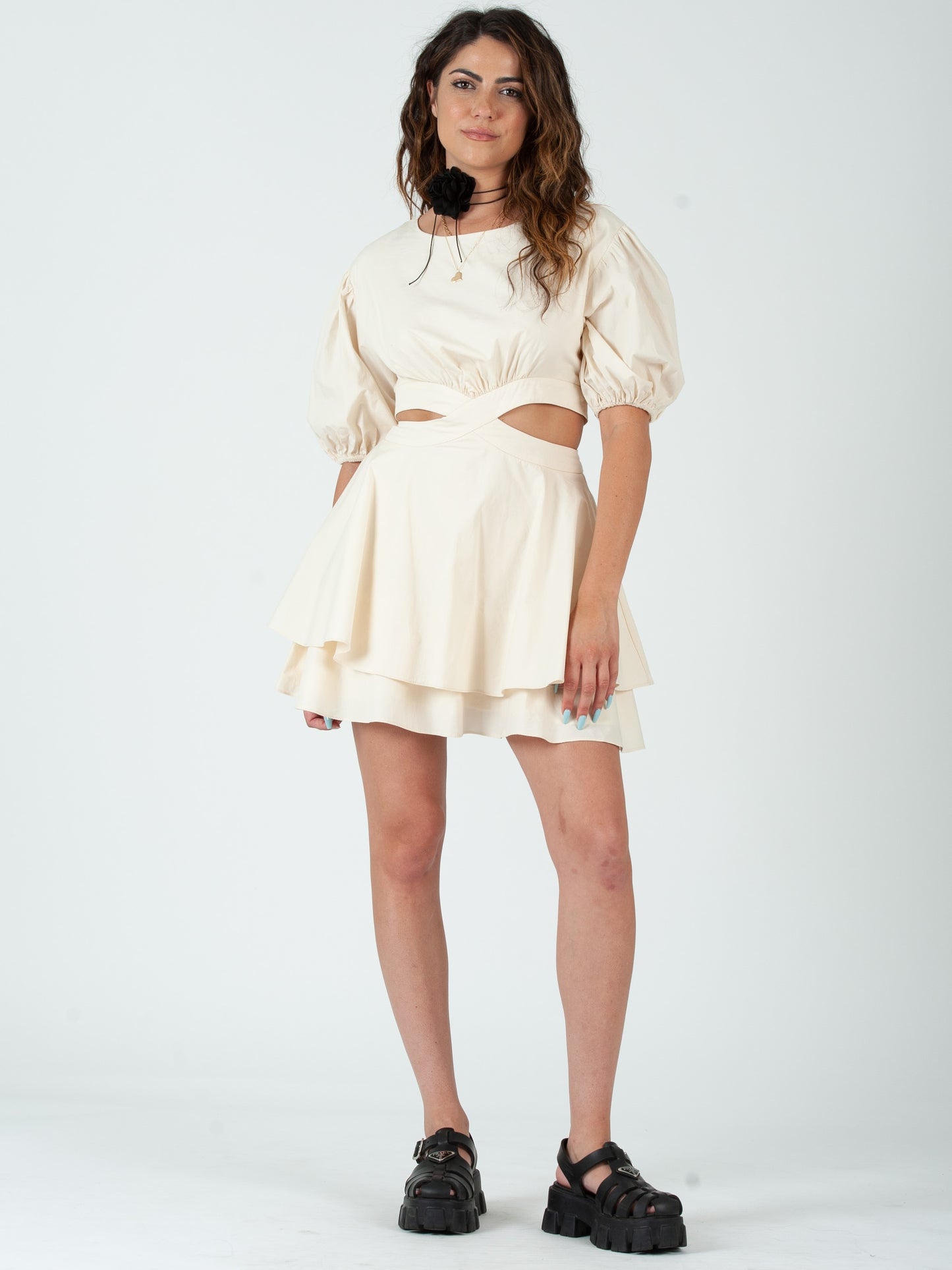 WHITNEY PUFF SLEEVE CUTOUT DRESS-IVORY