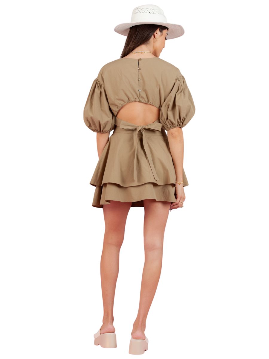 WHITNEY PUFF SLEEVE CUTOUT DRESS-KHAKI