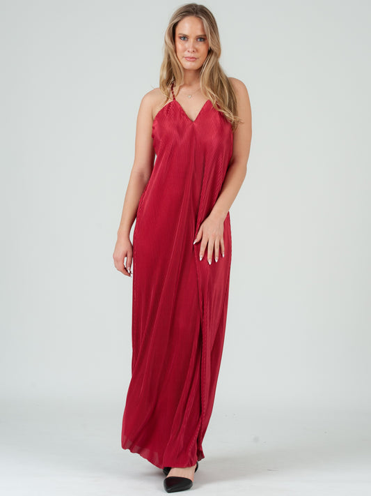 Women's Pleated Maxi Satin Dress