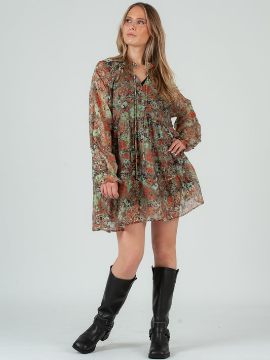 Women's Olive Floral Babydoll Dress