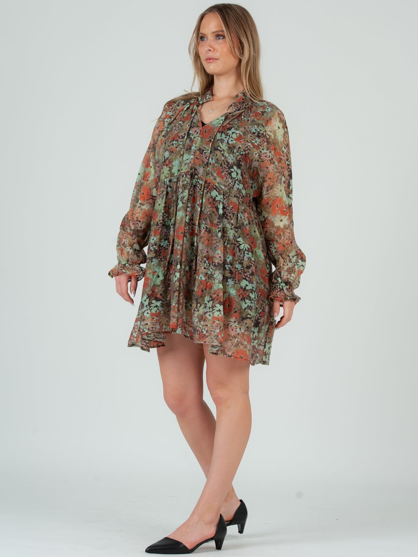 Women's Olive Floral Babydoll Dress