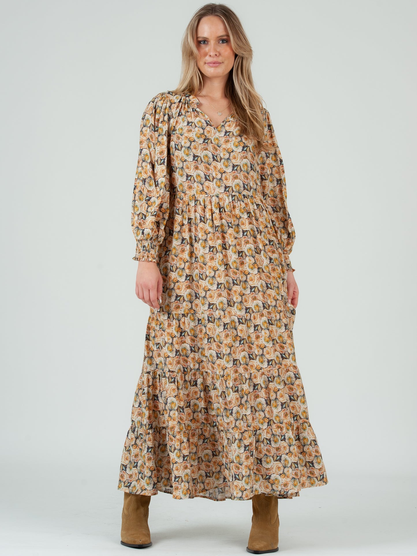 Women's Rose Floral Print Tiered Long Sleeve Maxi Dress