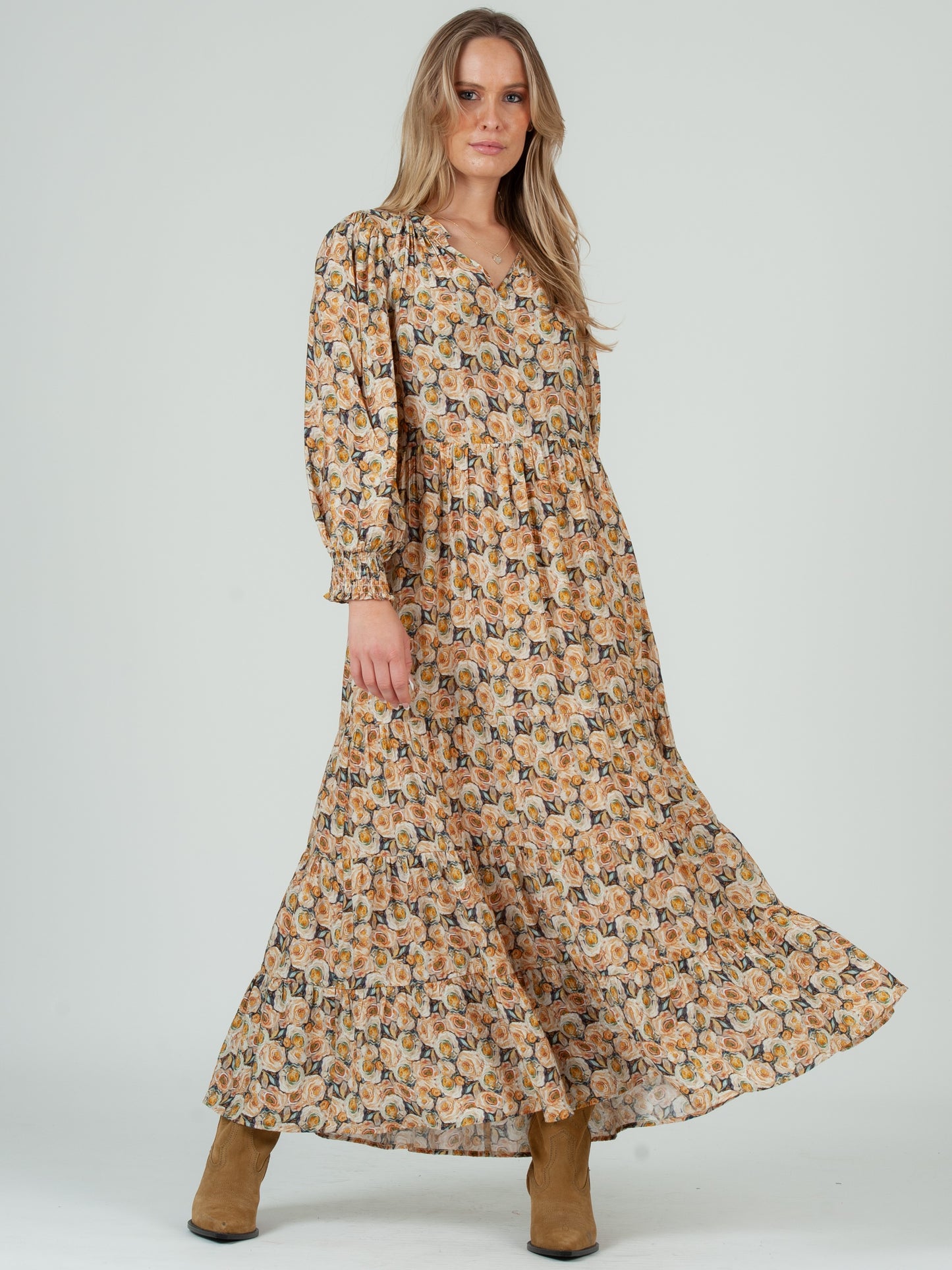 Women's Rose Floral Print Tiered Long Sleeve Maxi Dress