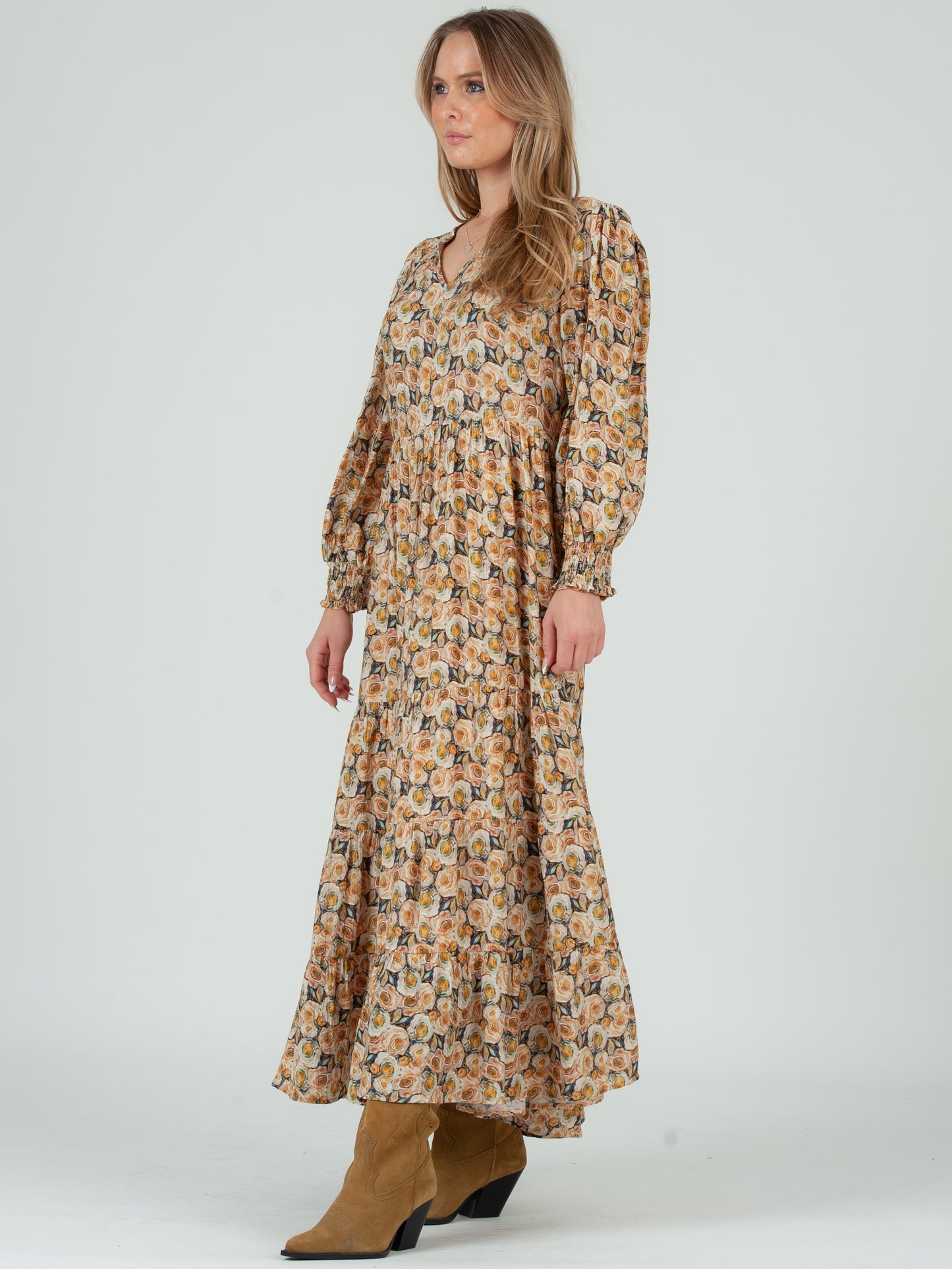 Women's Rose Floral Print Tiered Long Sleeve Maxi Dress