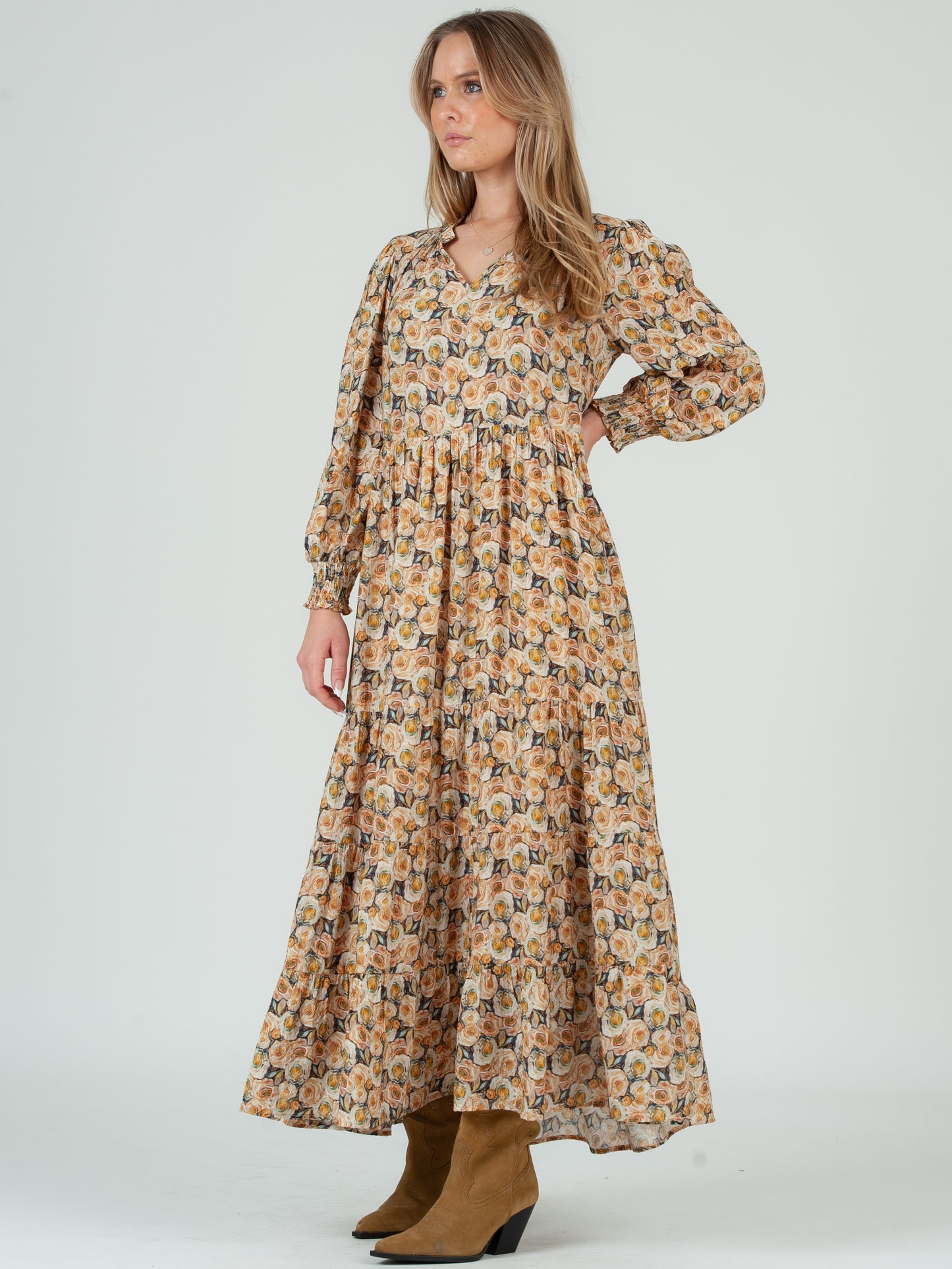 Women's Rose Floral Print Tiered Long Sleeve Maxi Dress