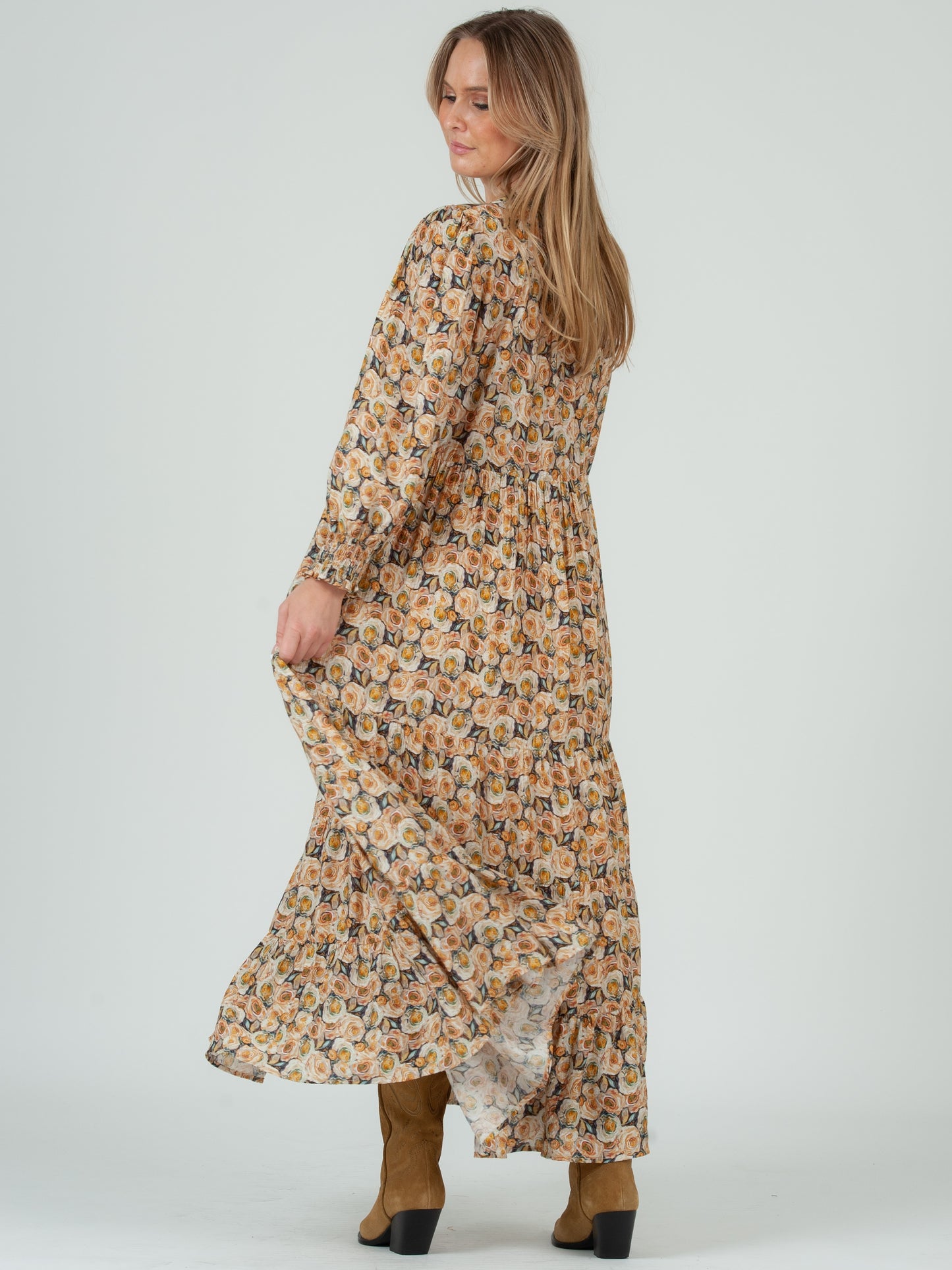 Women's Rose Floral Print Tiered Long Sleeve Maxi Dress