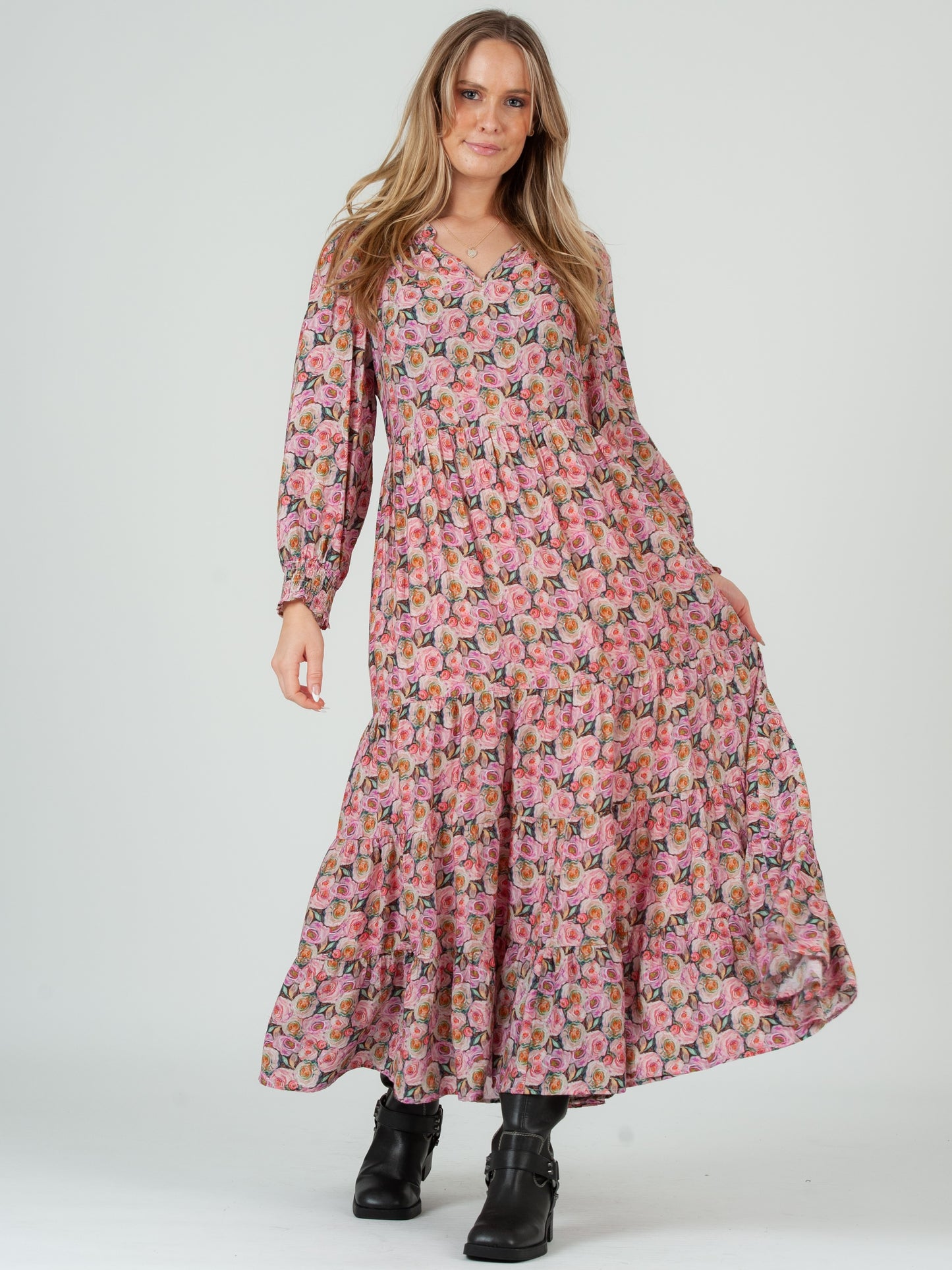 Women's Rose Floral Print Tiered Long Sleeve Maxi Dress