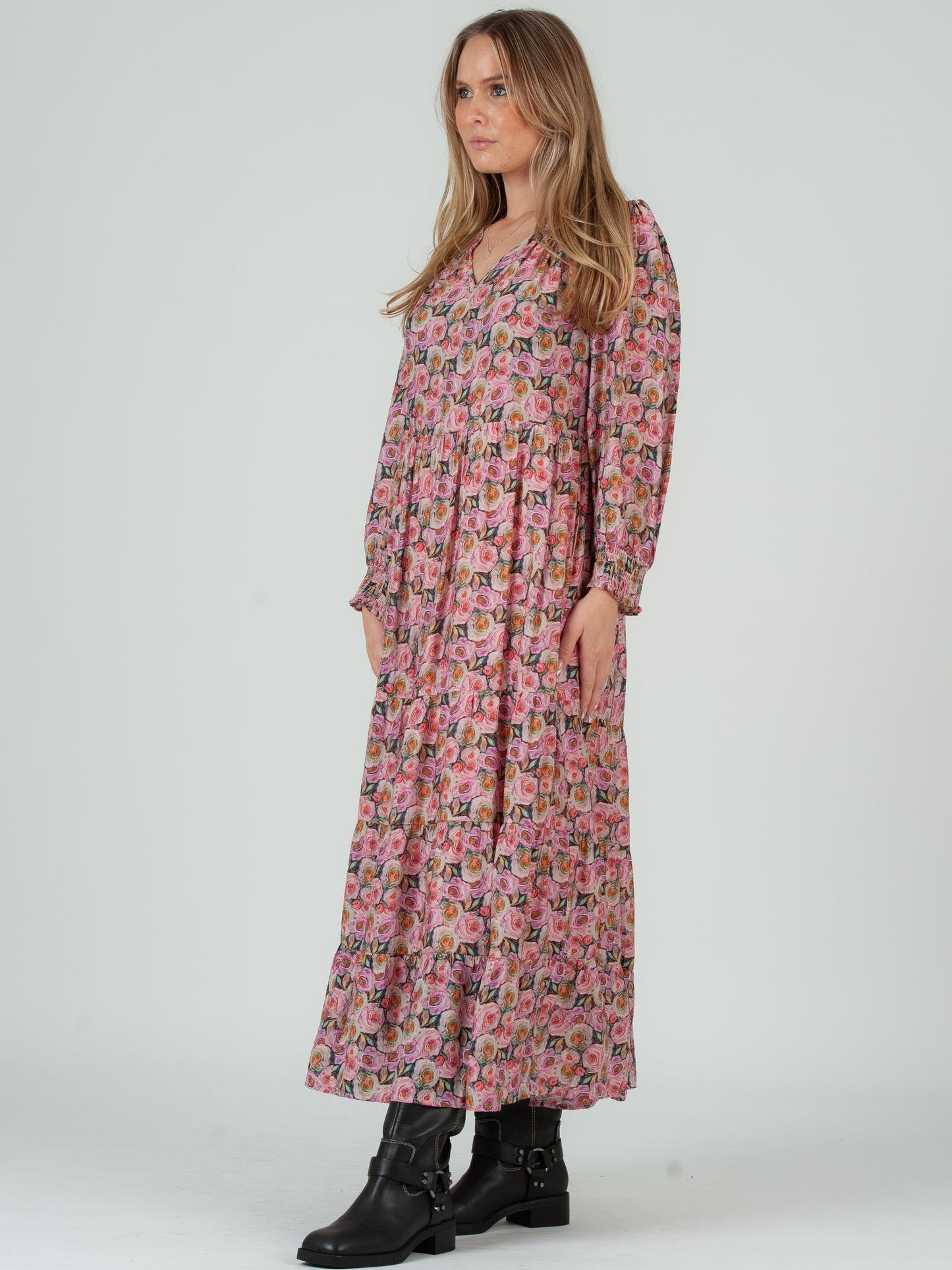 Women's Rose Floral Print Tiered Long Sleeve Maxi Dress