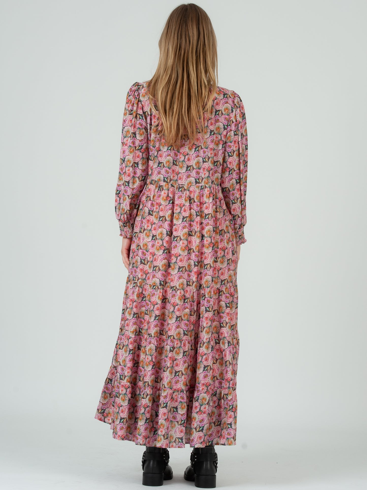 Women's Rose Floral Print Tiered Long Sleeve Maxi Dress