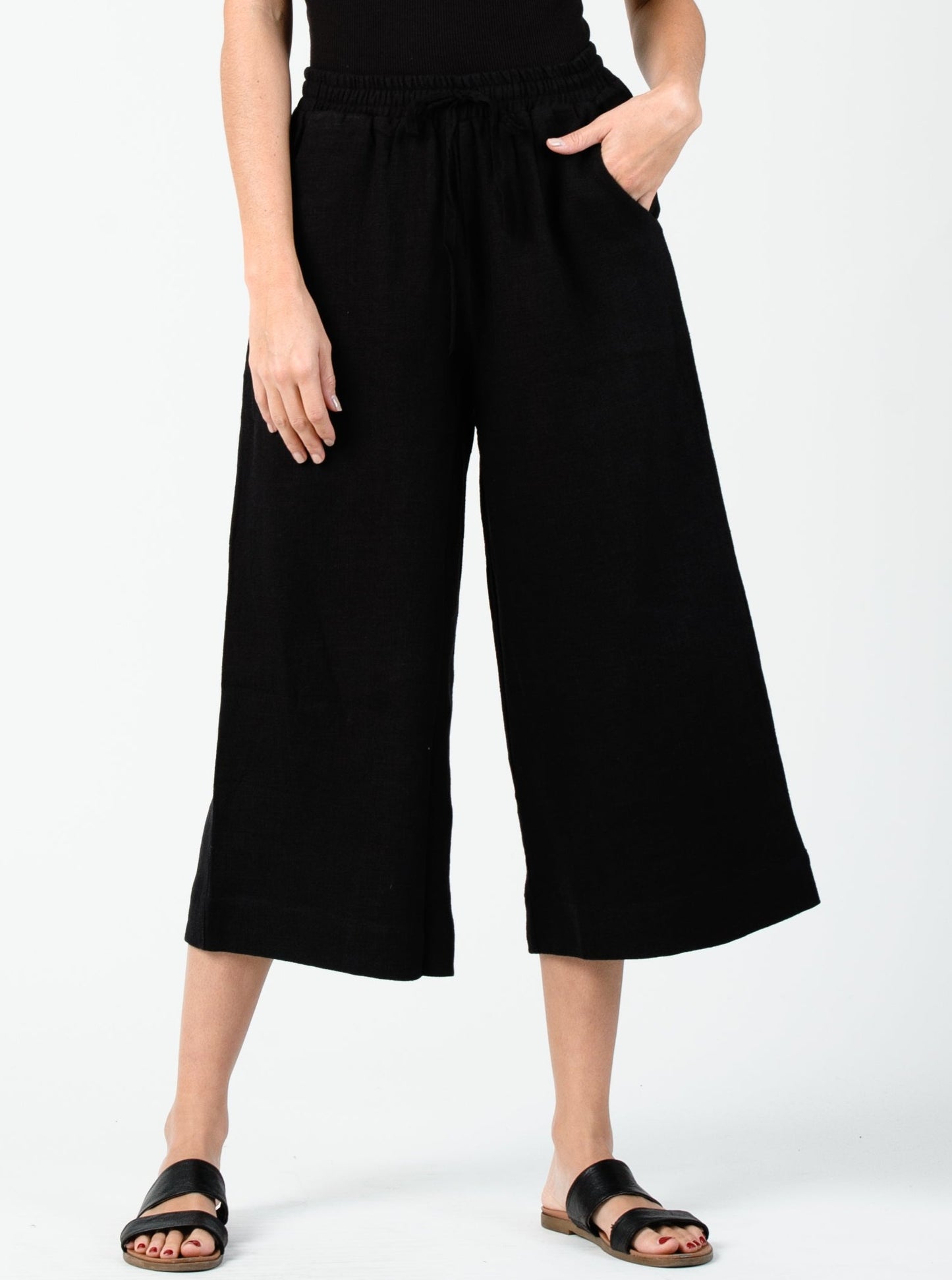 FRIDA ELASTIC WAIST PANT-BLACK LINEN