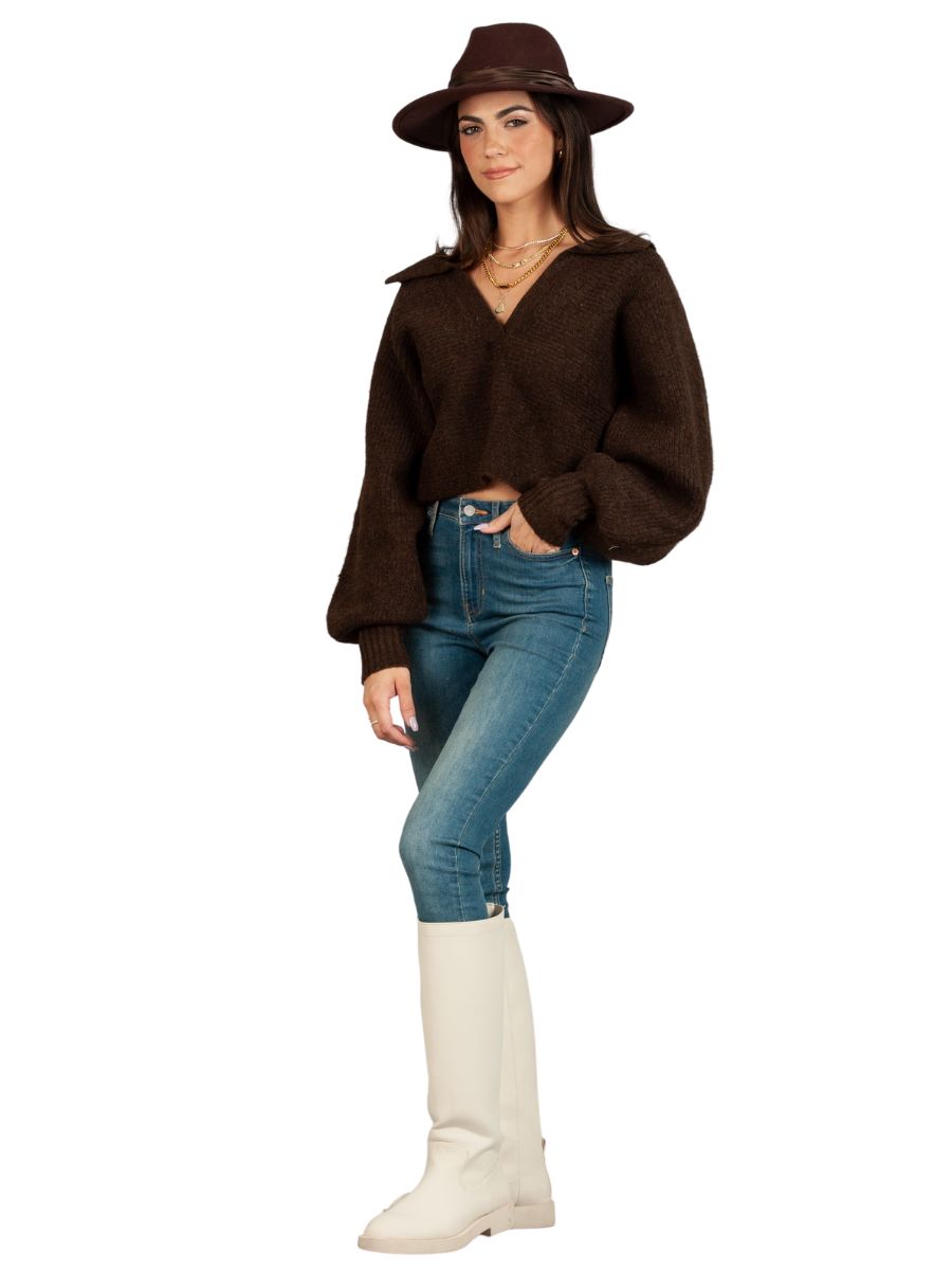 AMINA PULLOVER COLLAR SWEATER-BROWN