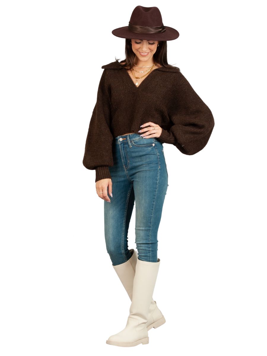 AMINA PULLOVER COLLAR SWEATER-BROWN