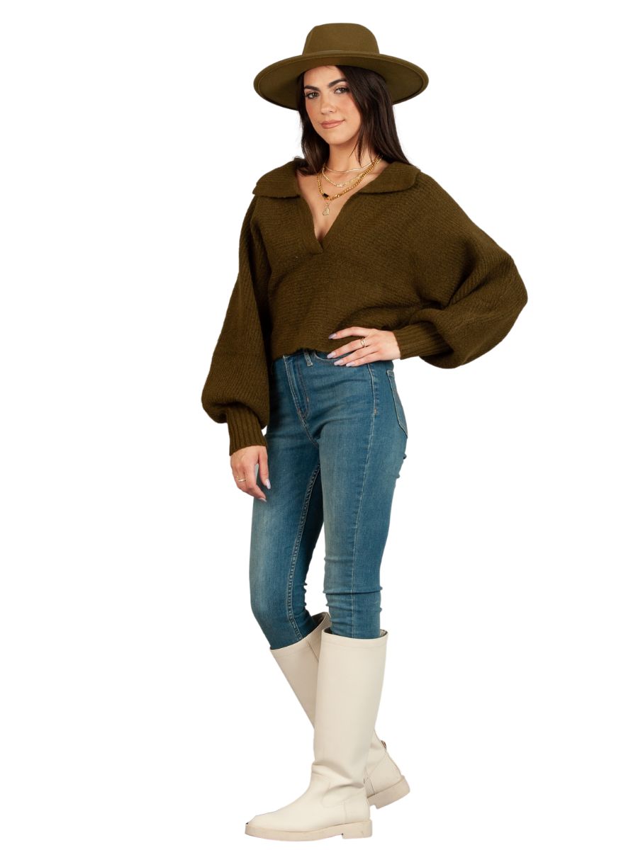 AMINA PULLOVER COLLAR SWEATER-OLIVE