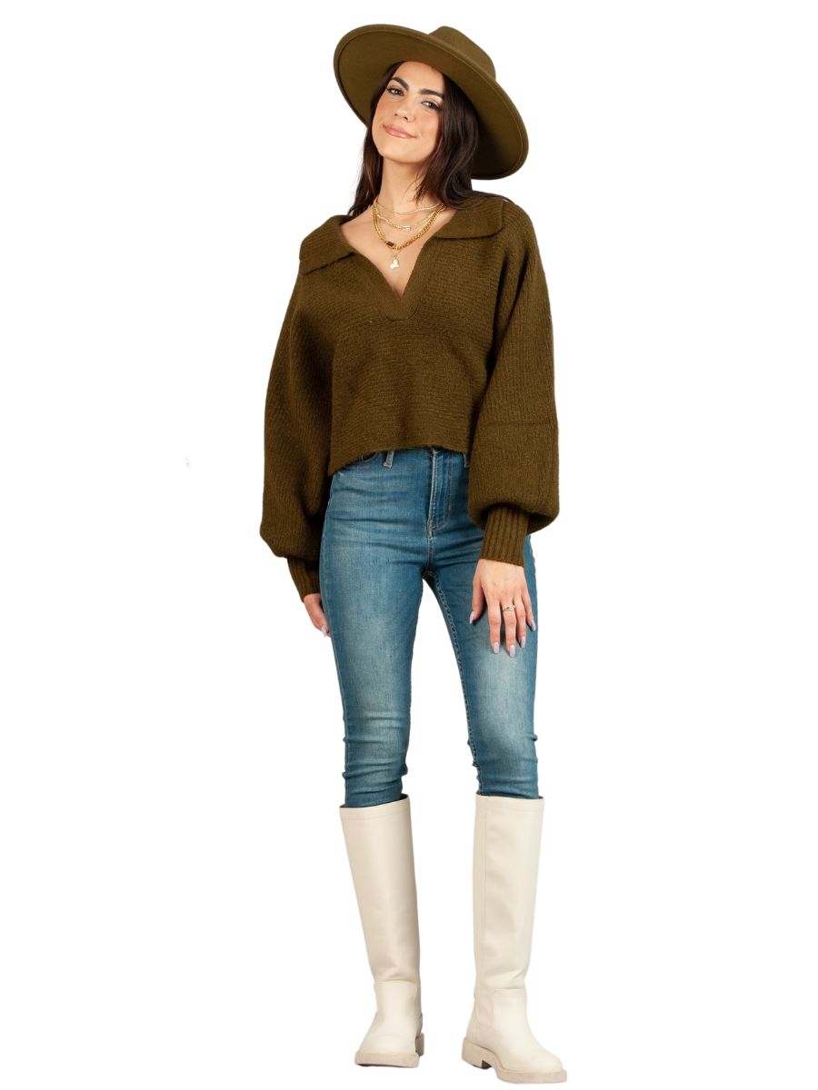 AMINA PULLOVER COLLAR SWEATER-OLIVE