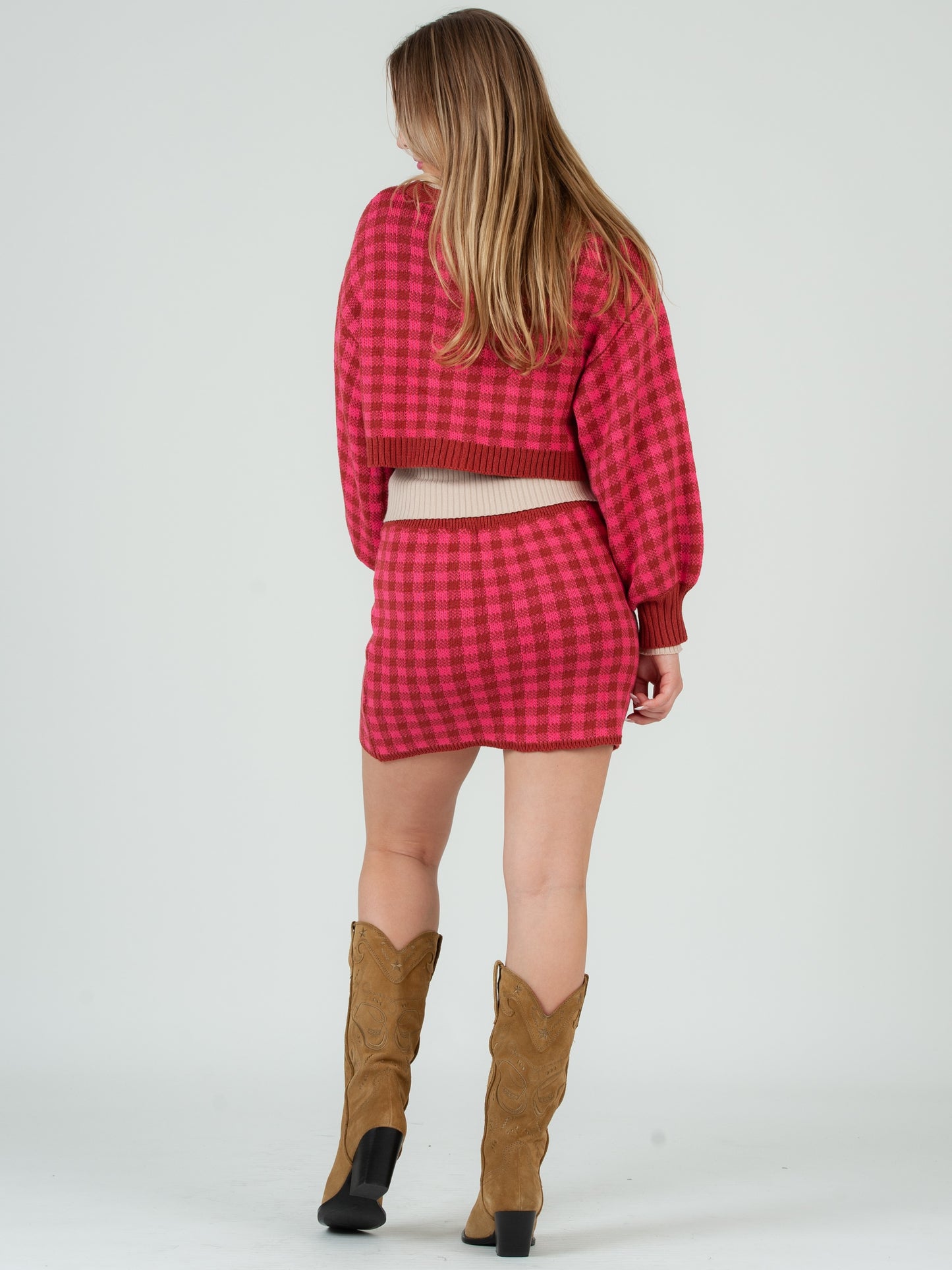 Women’s Mini Checkered Sweater Knit Cardigan & Skirt Set