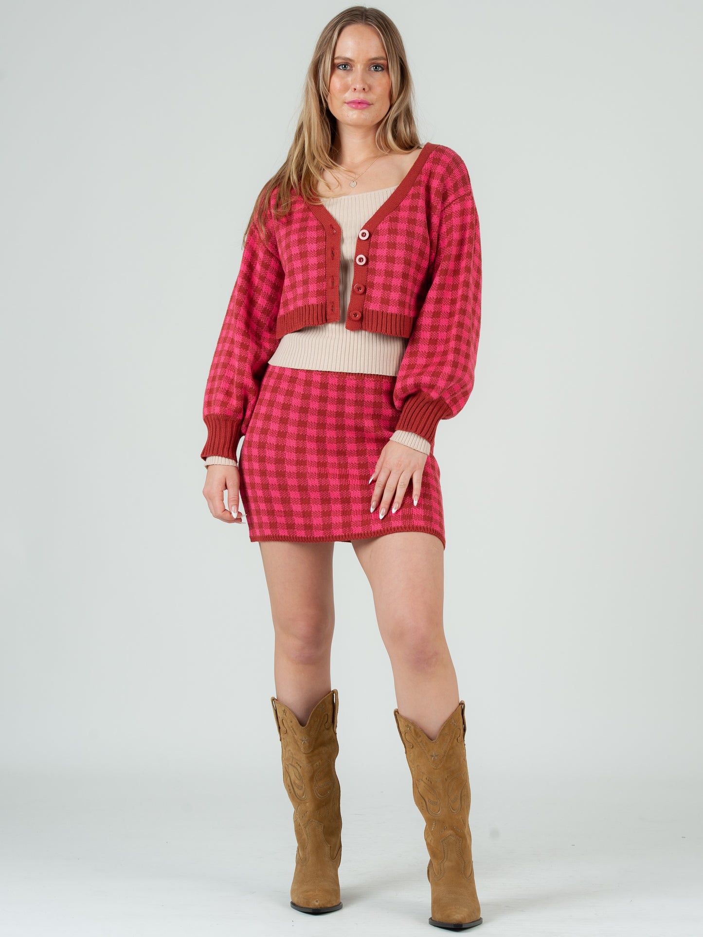 Women’s Mini Checkered Sweater Knit Cardigan & Skirt Set