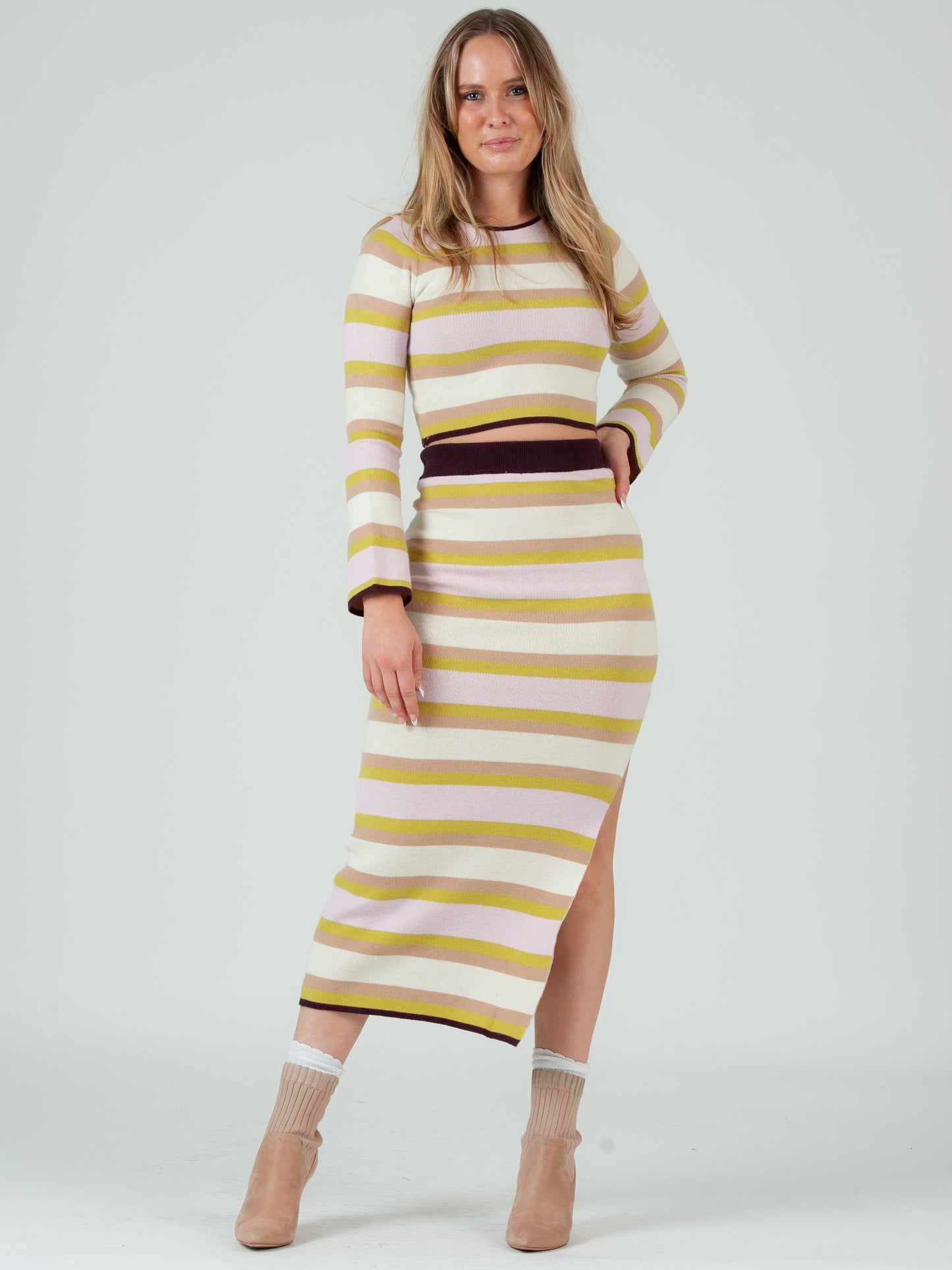 Women’s Knit Striped Top & Midi Skirt Set