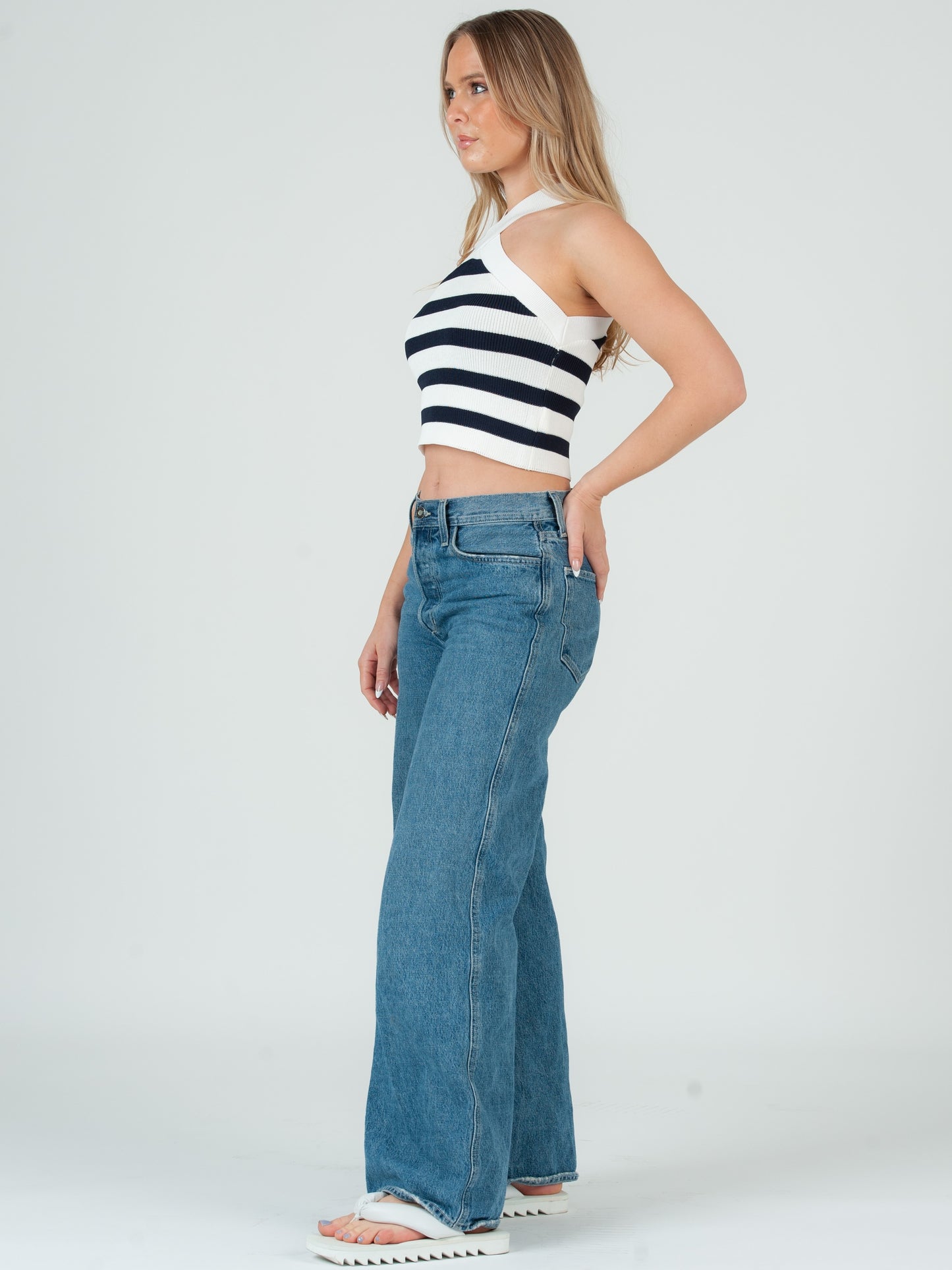 CHRISSY HALTER KNIT TANK-BLUE STRIPE