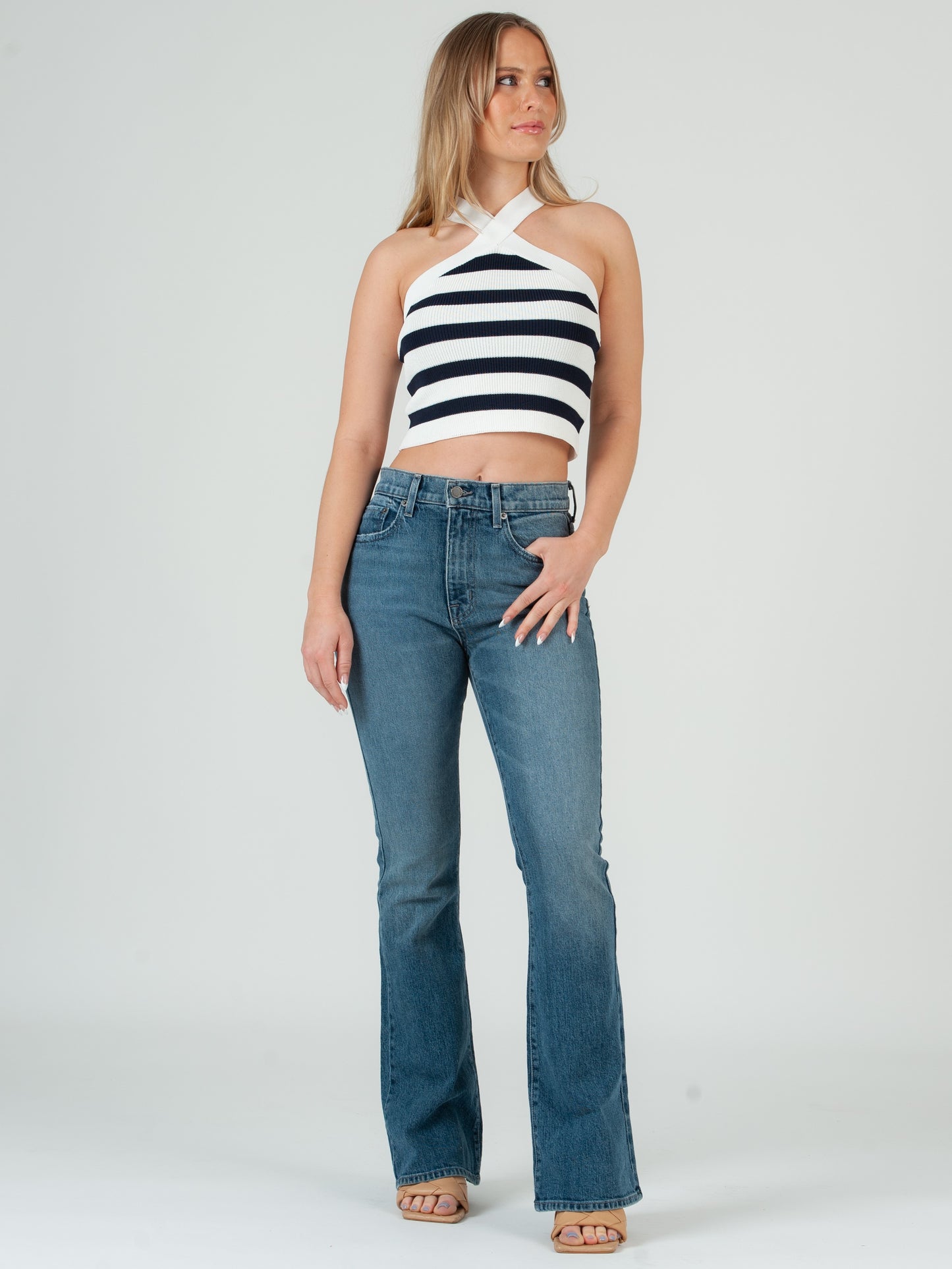 CHRISSY HALTER KNIT TANK-BLUE STRIPE