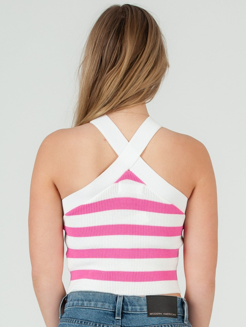CHRISSY HALTER KNIT TANK-BLUE STRIPE