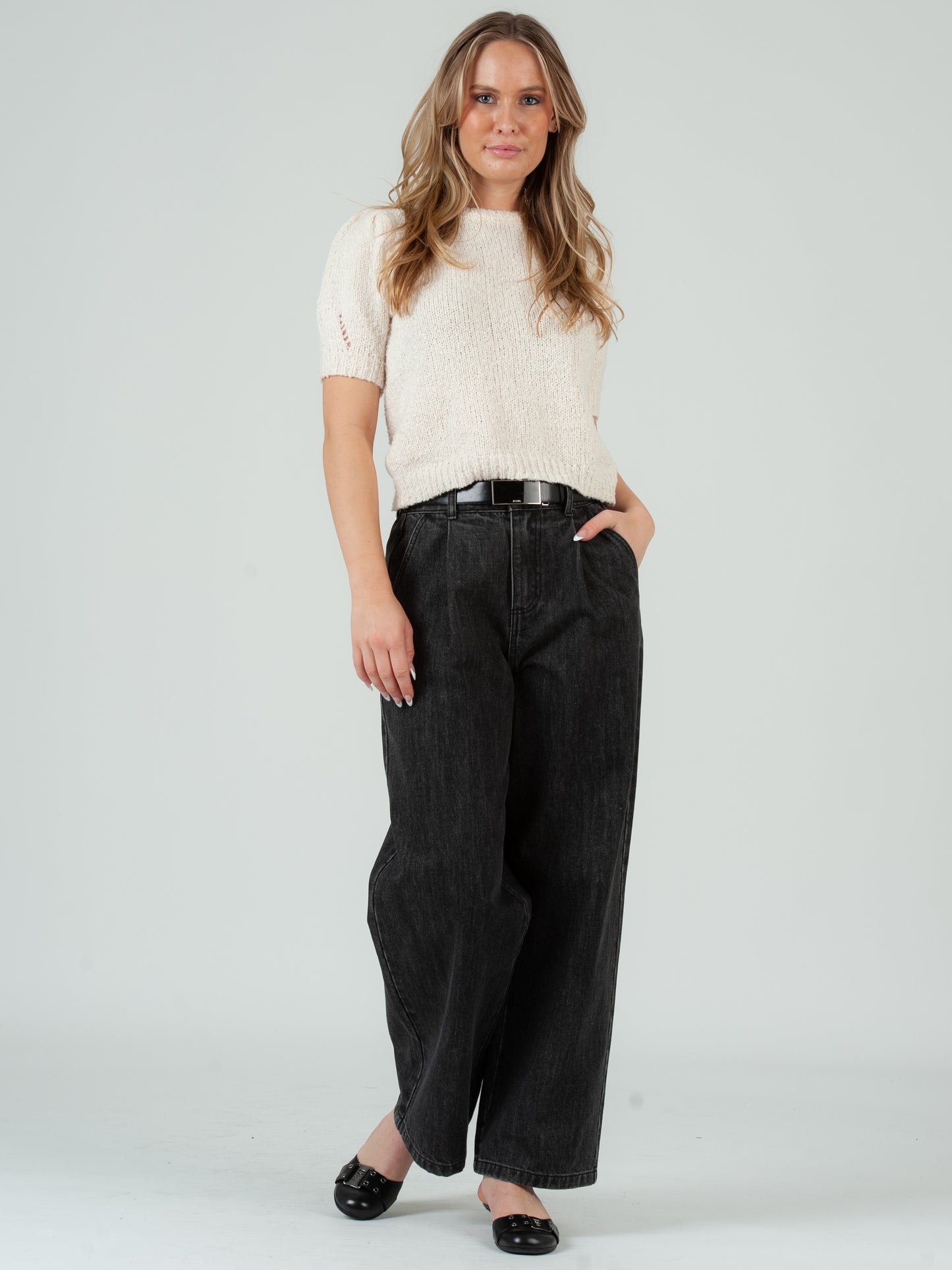 Women's Boucle Crew Neck Short Sleeve Sweater in Ivory