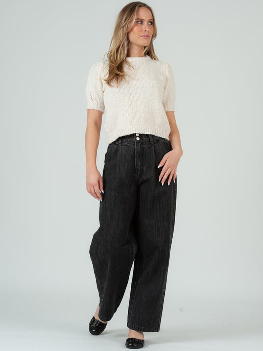 Women's Boucle Crew Neck Short Sleeve Sweater in Ivory