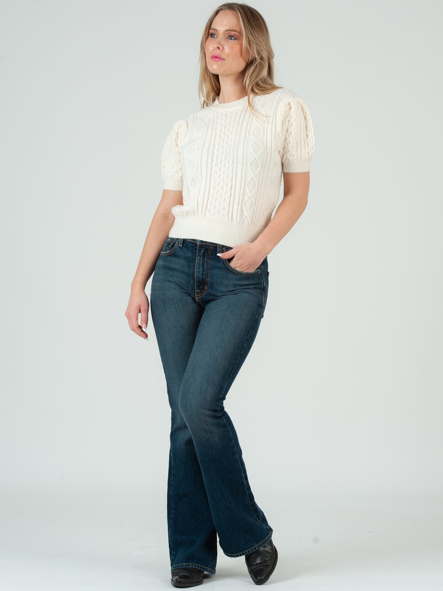 Women's Cable Knit Short Sleeve Sweater Top - Ivory