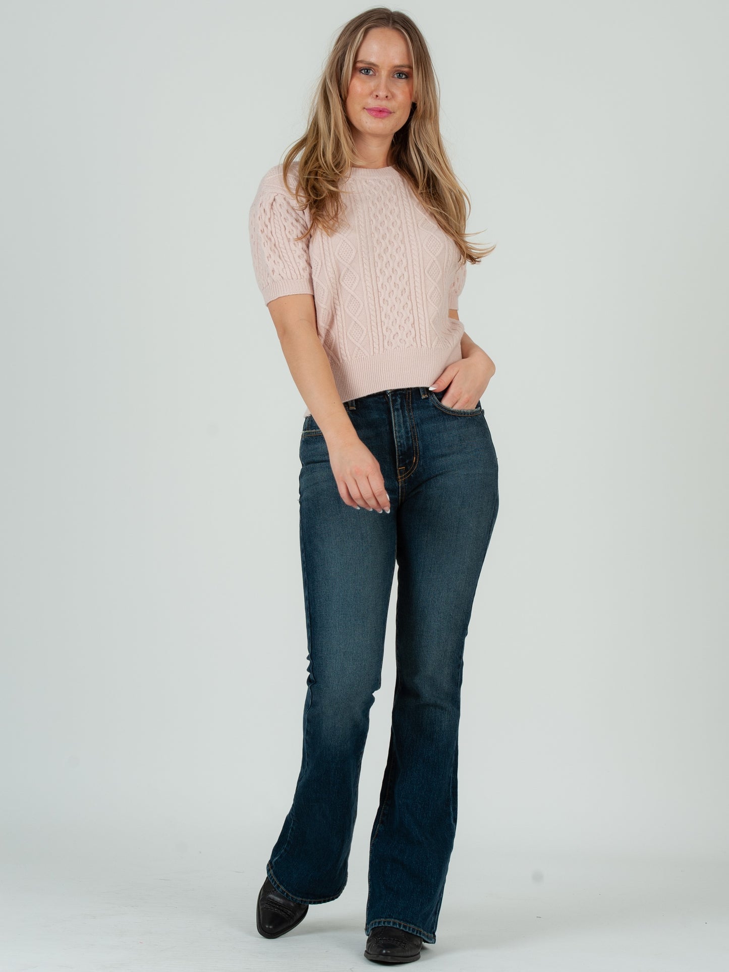 Women's Cable Knit Short Sleeve Sweater Top - Pink