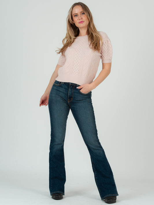 Women's Cable Knit Short Sleeve Sweater Top - Pink