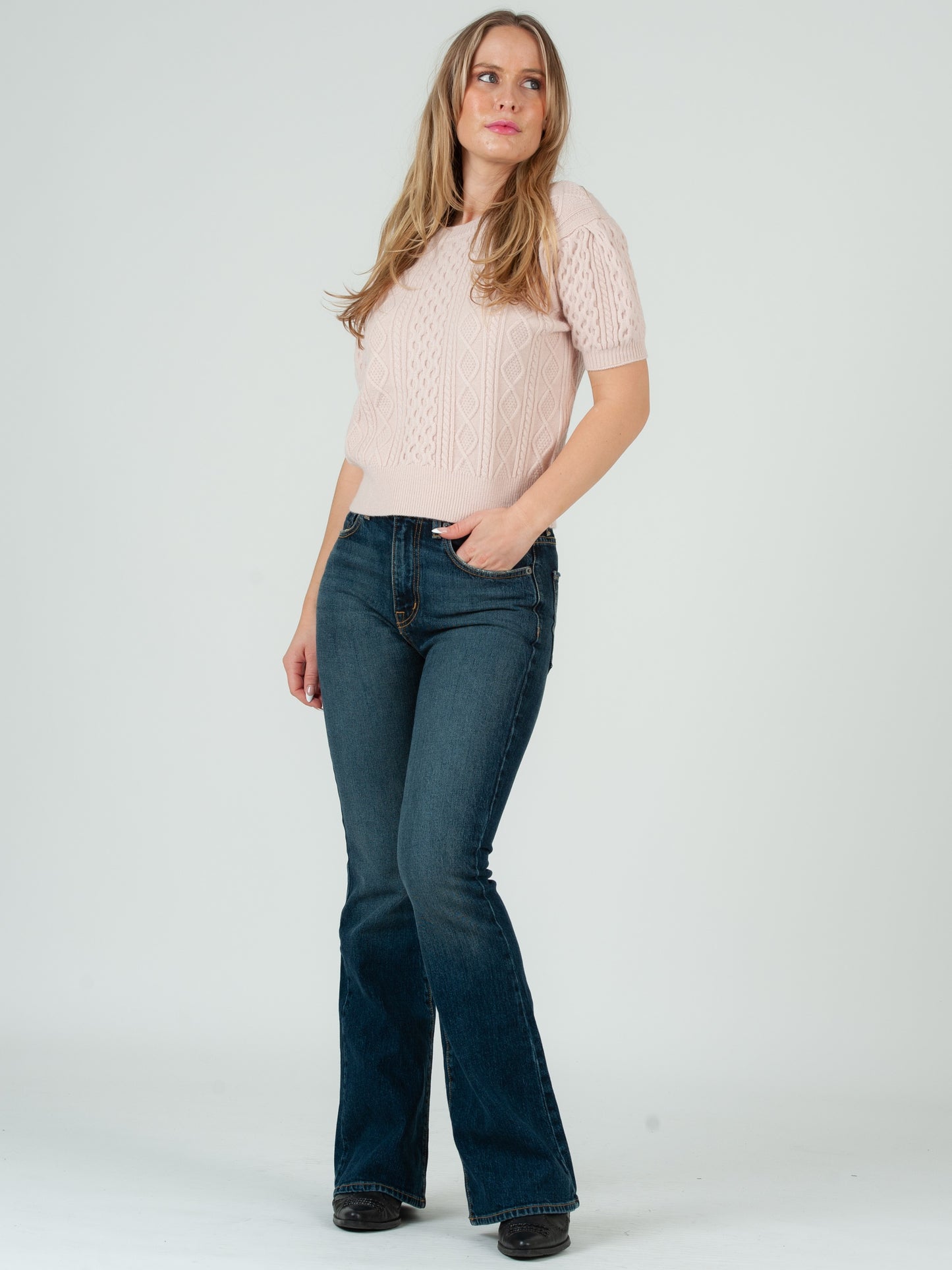 Women's Cable Knit Short Sleeve Sweater Top - Pink