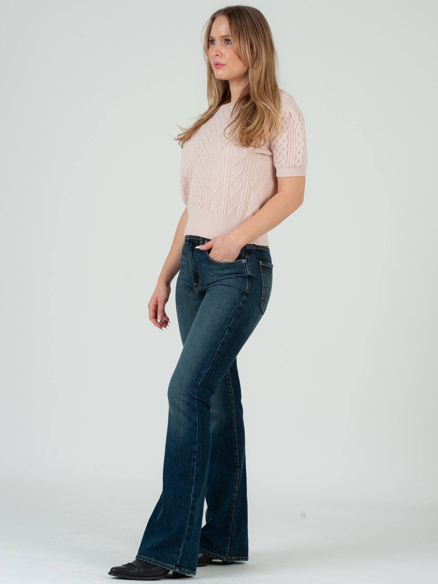 Women's Cable Knit Short Sleeve Sweater Top - Pink