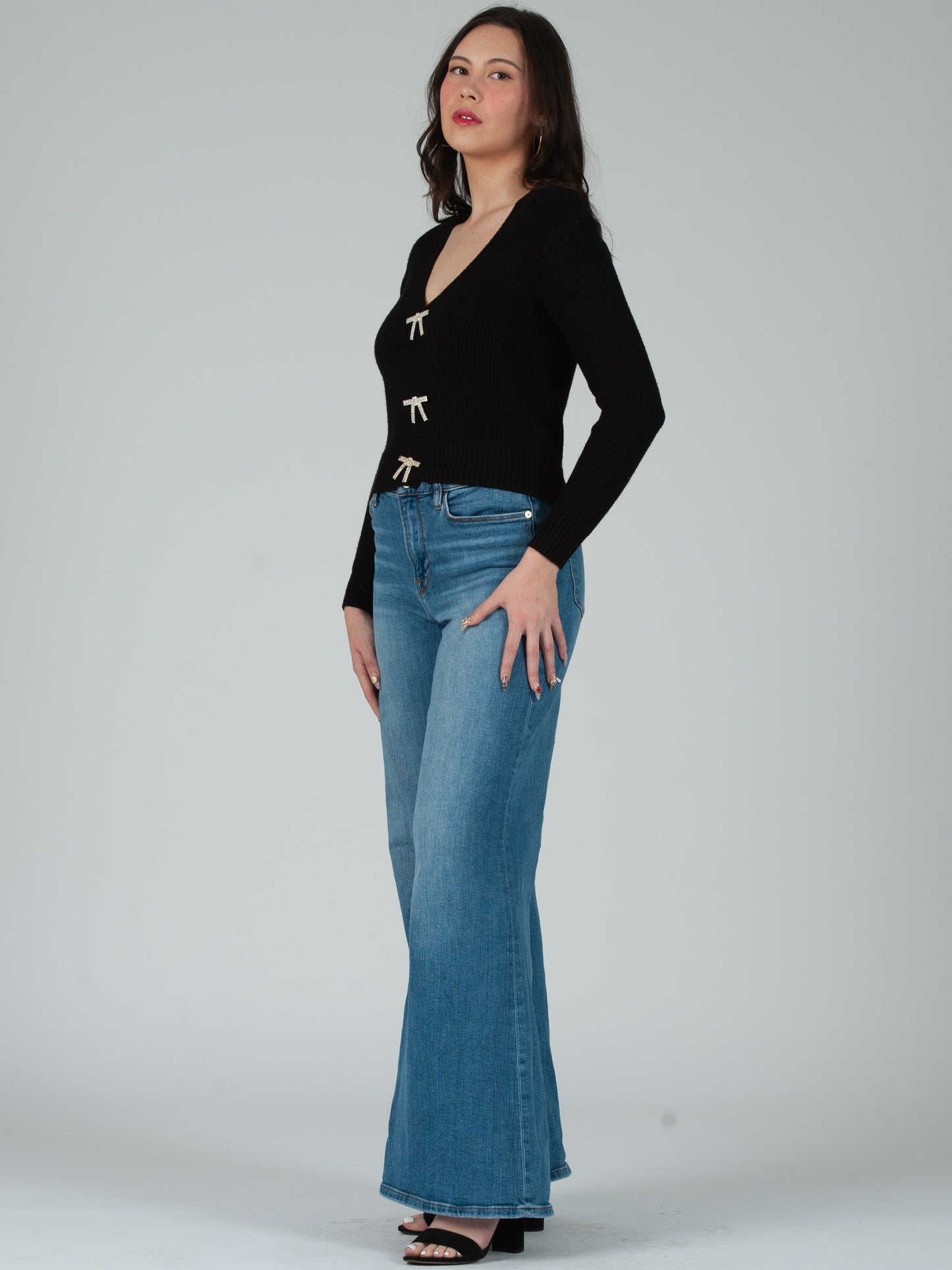 Women's Rhinestone Bow Button Cardigan