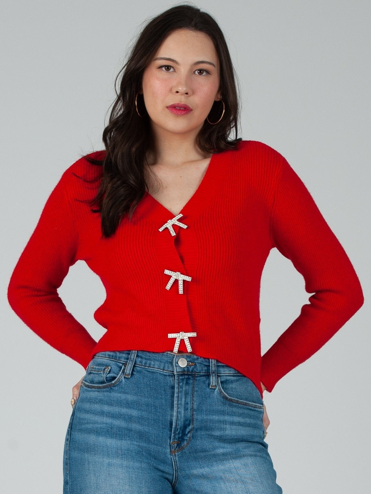 Women's Rhinestone Bow Button Cardigan