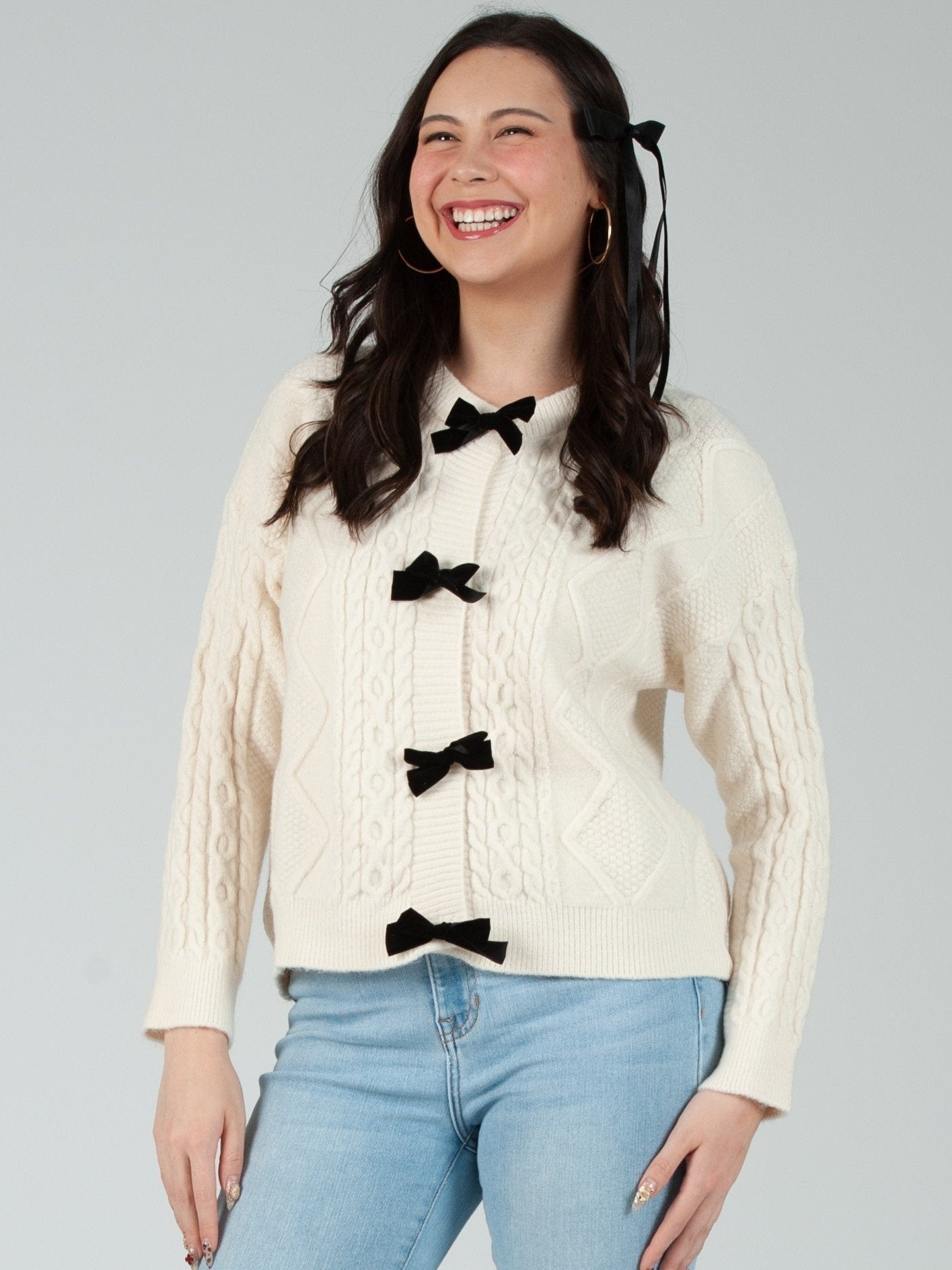 Women's Cable Knit Bow Cardigan