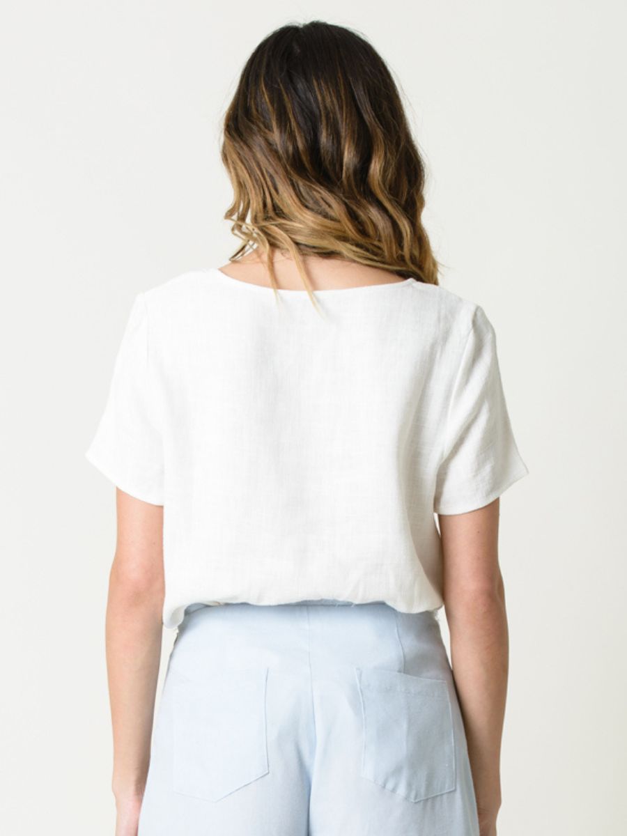 BRYNN LINEN MIX SCOOP NECK TEE-WHITE