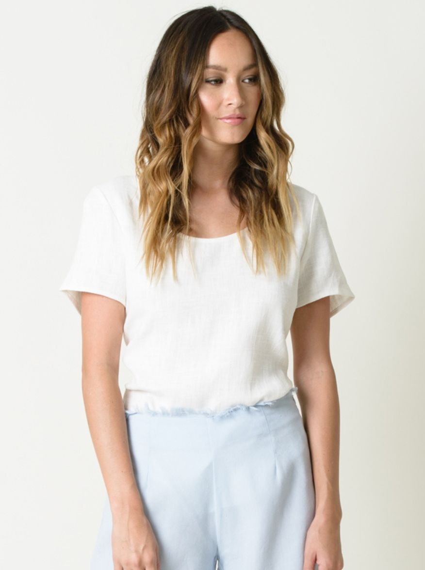 BRYNN LINEN MIX SCOOP NECK TEE-WHITE
