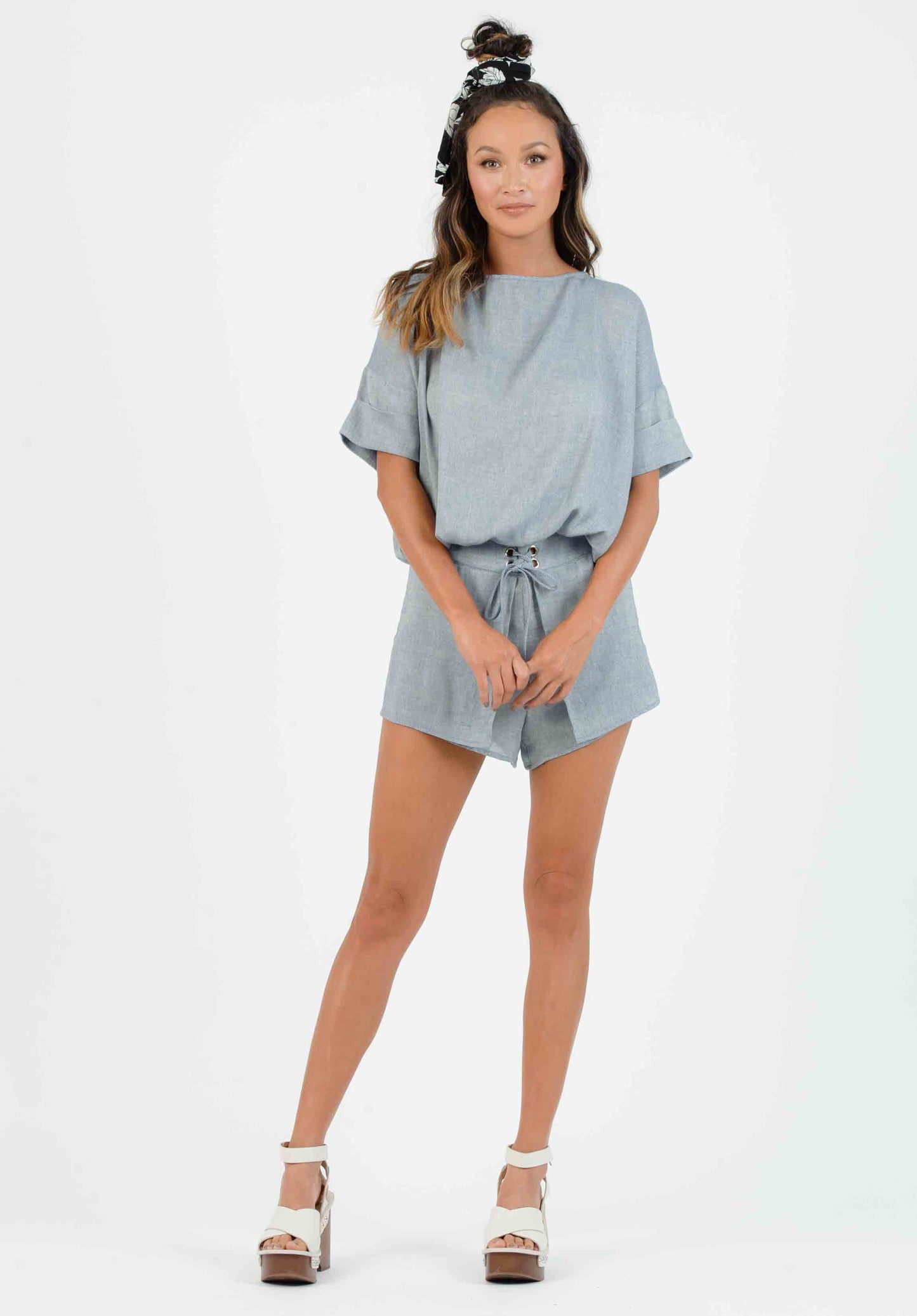 KYLEE OVERLAY LACE UP SHORTS-BLUE DENIM