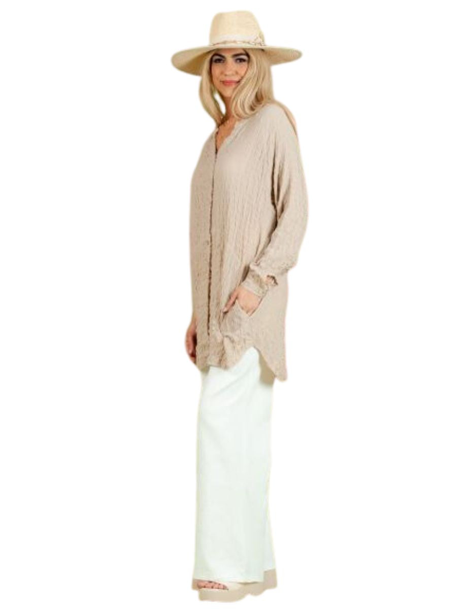 Women's Solid Crinkled Button Down Tunic Top in Beige