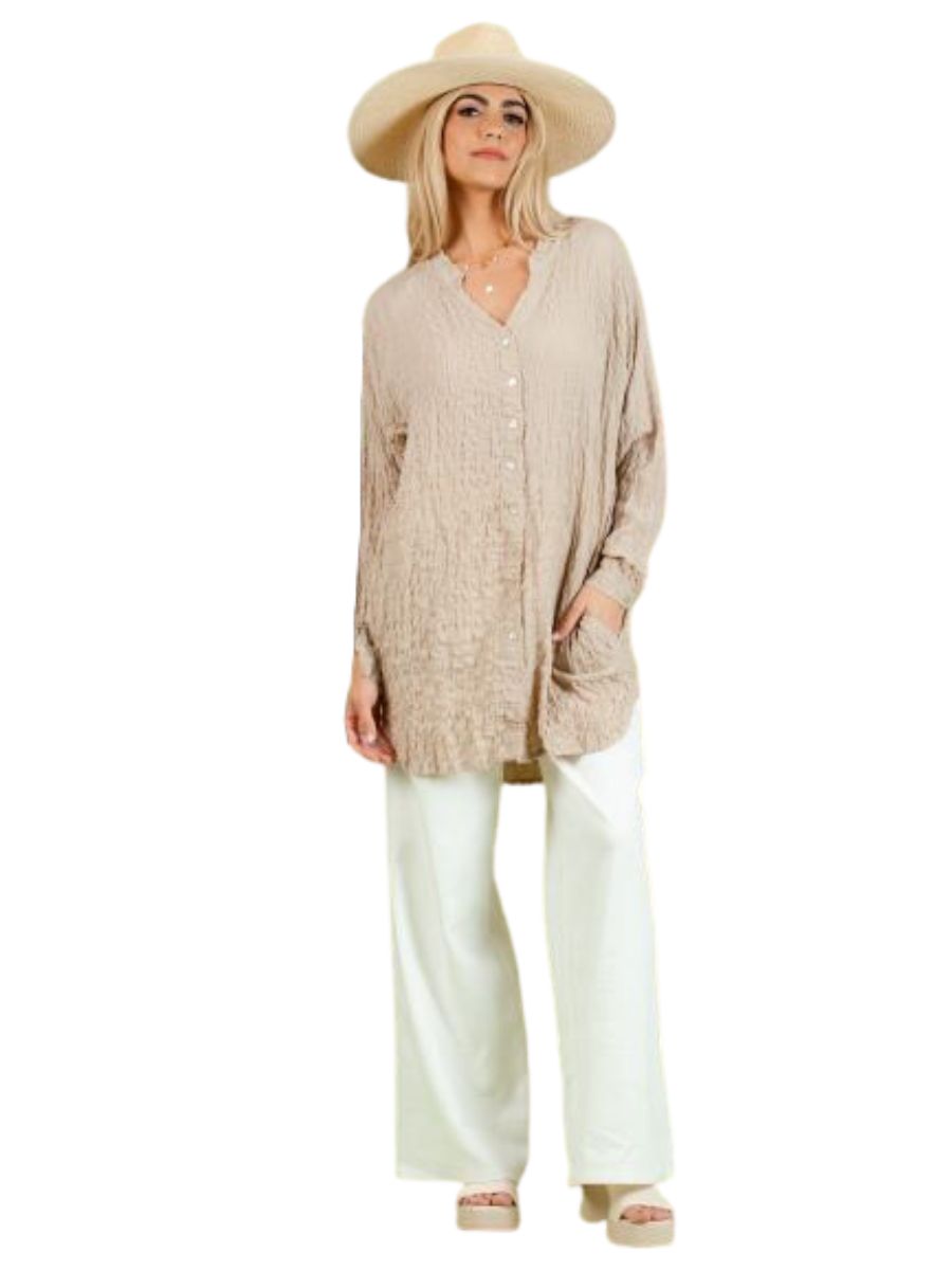 Women's Solid Crinkled Button Down Tunic Top in Beige