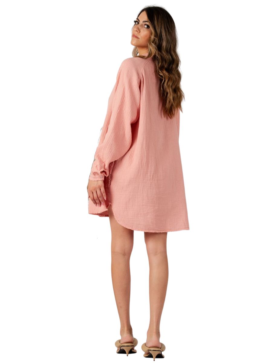 Women's Solid Double Gauze Button Down Tunic Top in Salmon