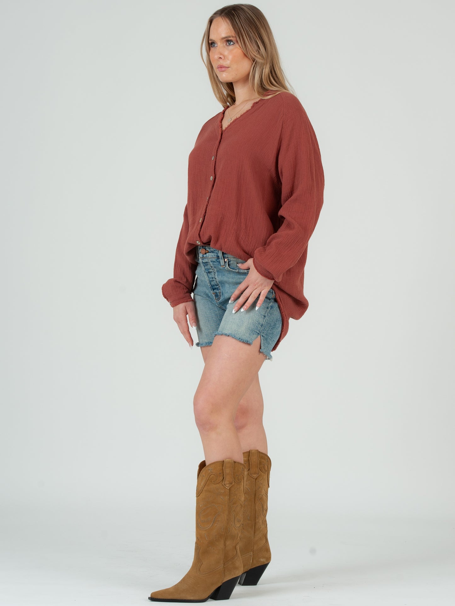 Women's Solid Double Gauze Button Down Tunic Top in Spice