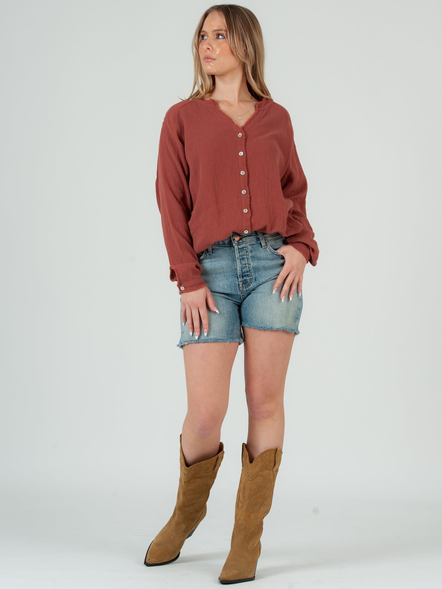 Women's Solid Double Gauze Button Down Tunic Top in Spice