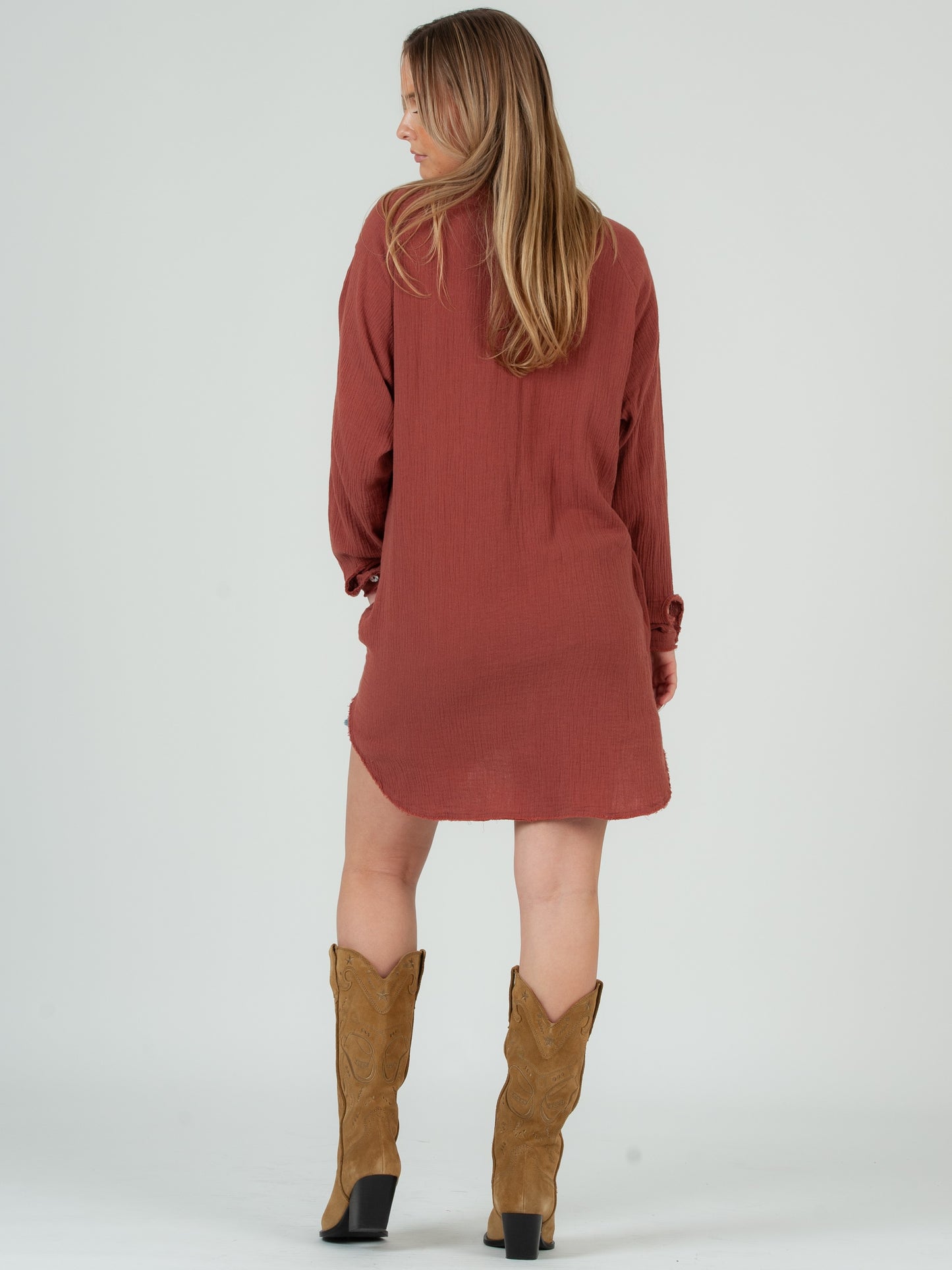 Women's Solid Double Gauze Button Down Tunic Top in Spice