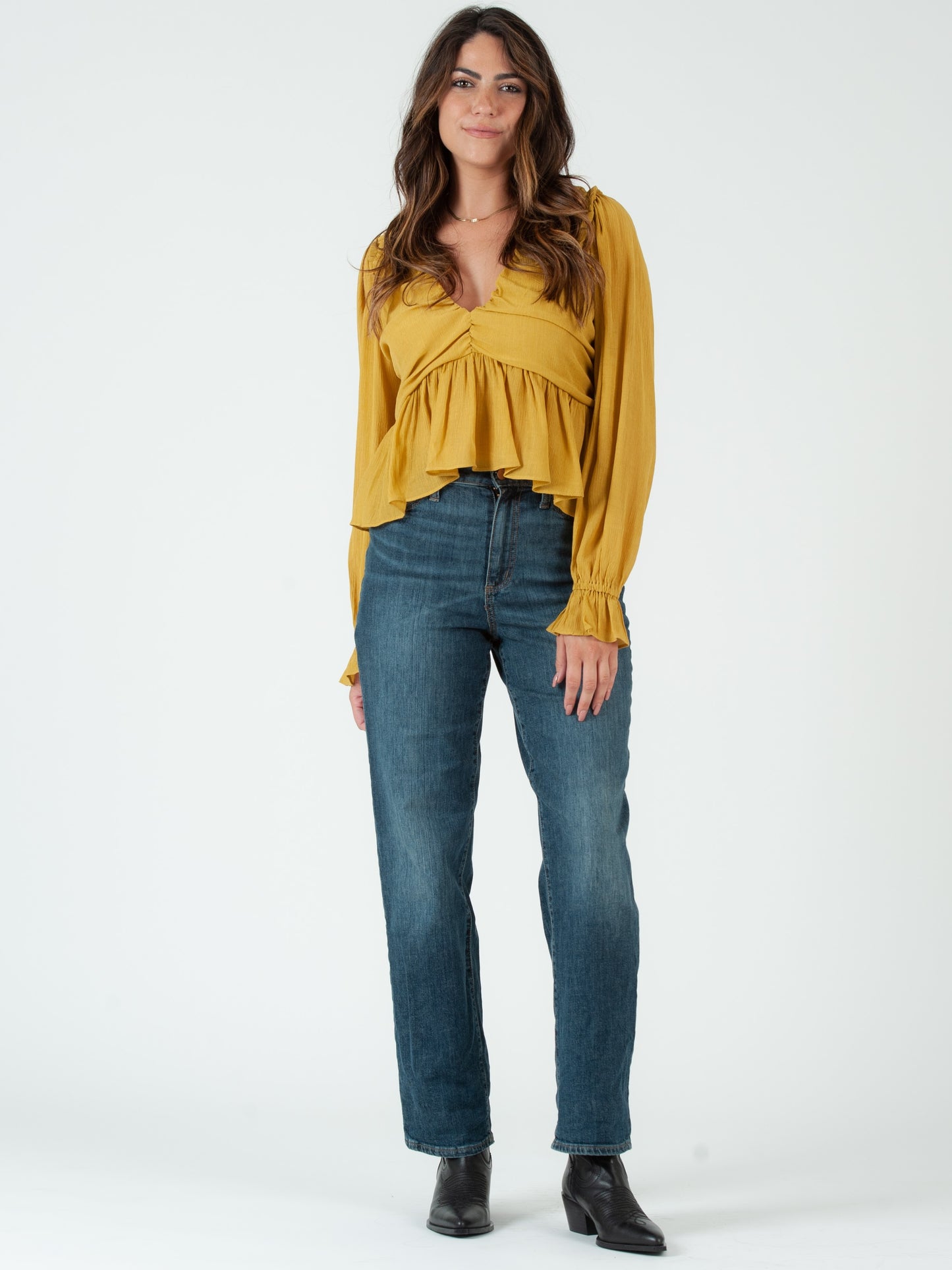 JANELLE FLUTTER HEM BLOUSE-CHARTREUSE