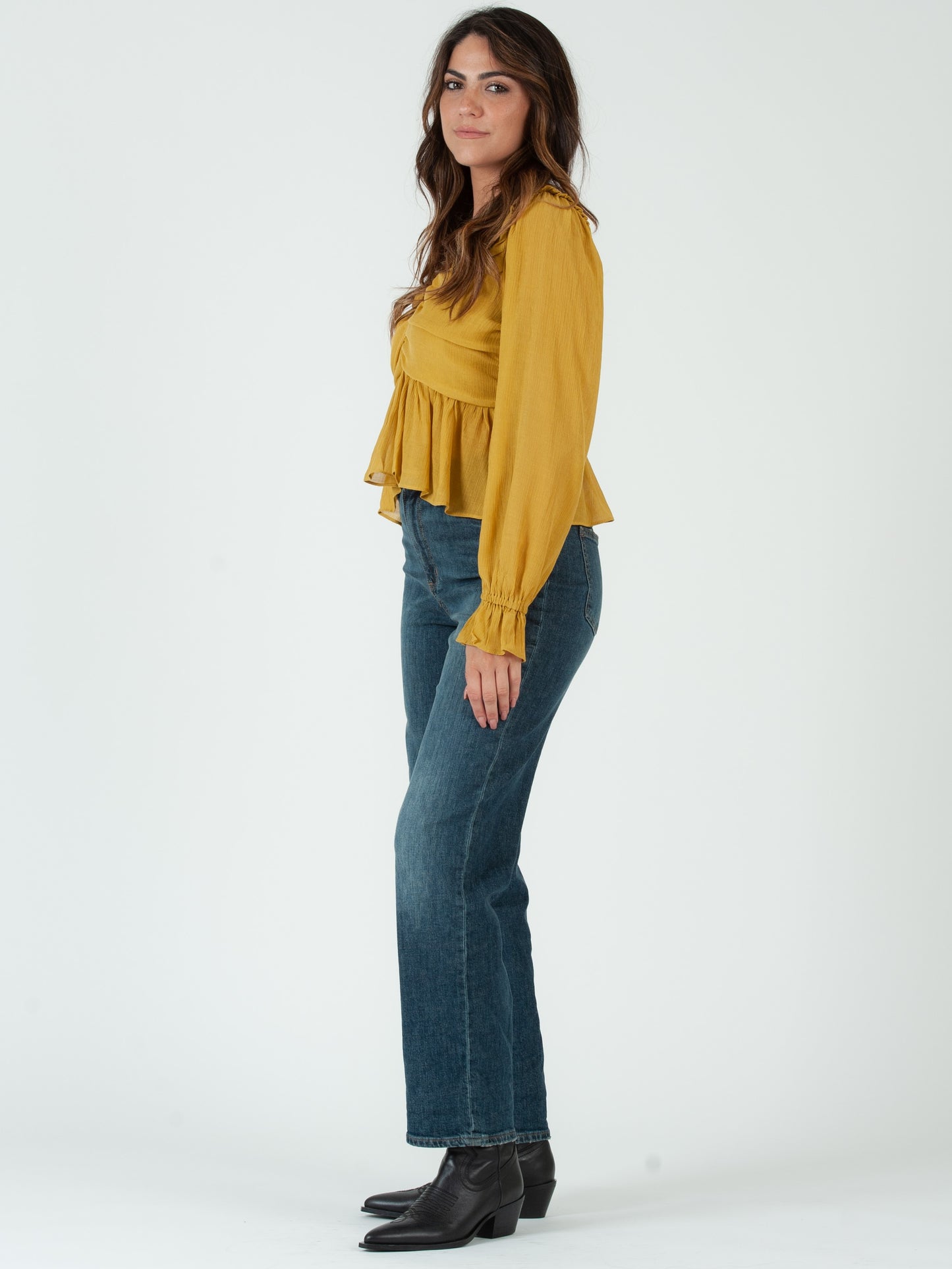 JANELLE FLUTTER HEM BLOUSE-CHARTREUSE