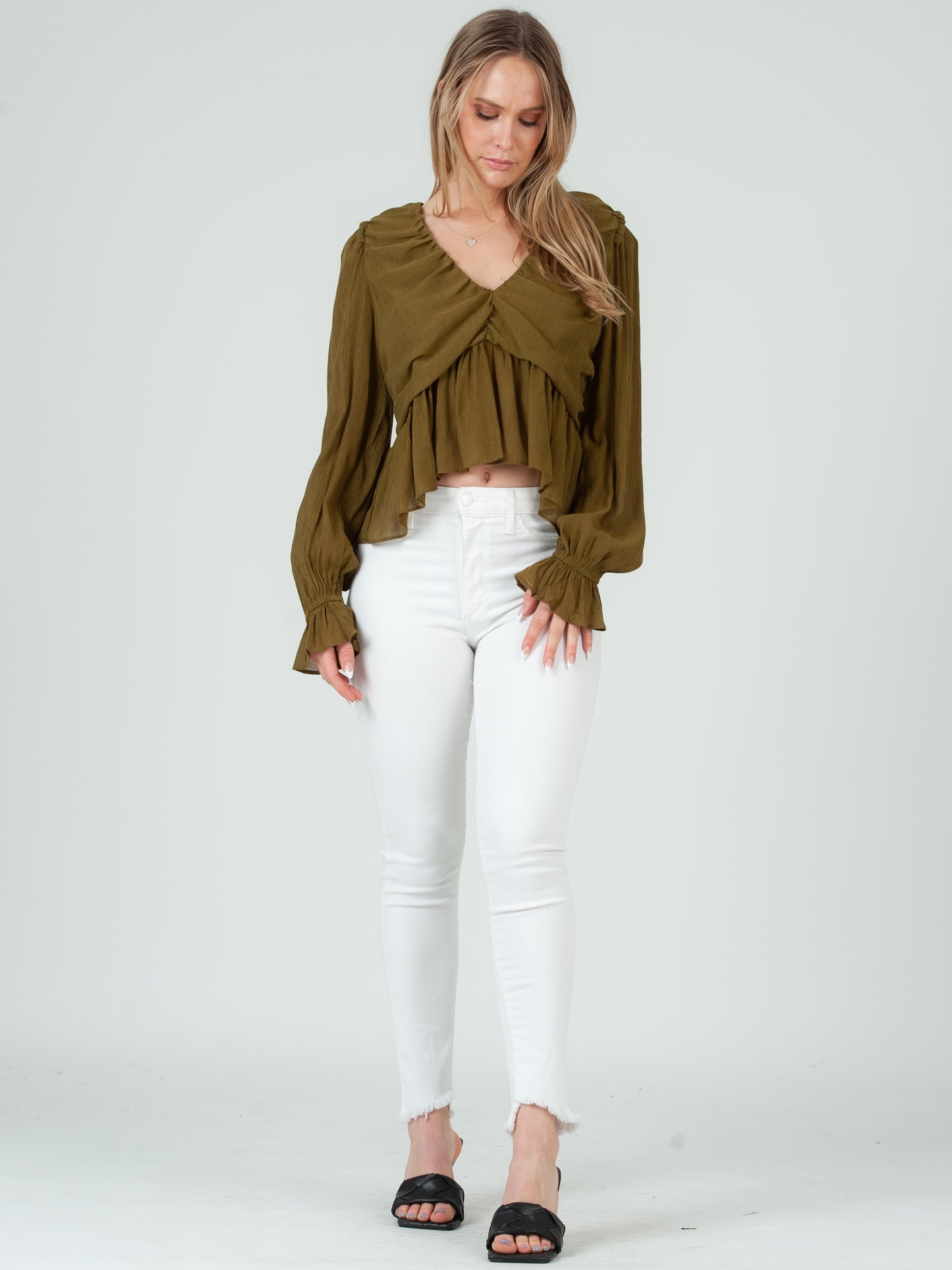 JANELLE FLUTTER HEM BLOUSE-OLIVE