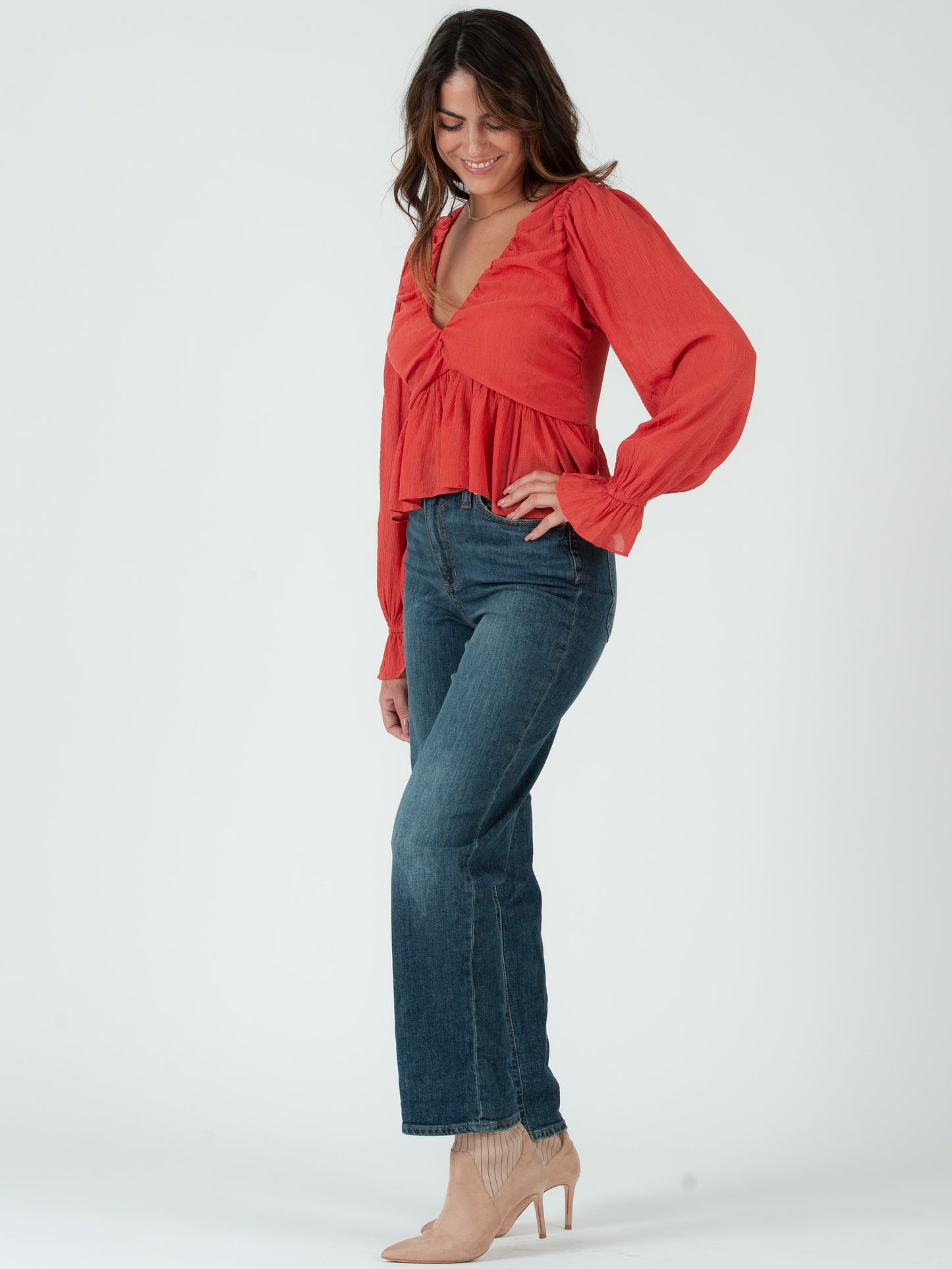 JANELLE FLUTTER HEM BLOUSE-PERSIMMON