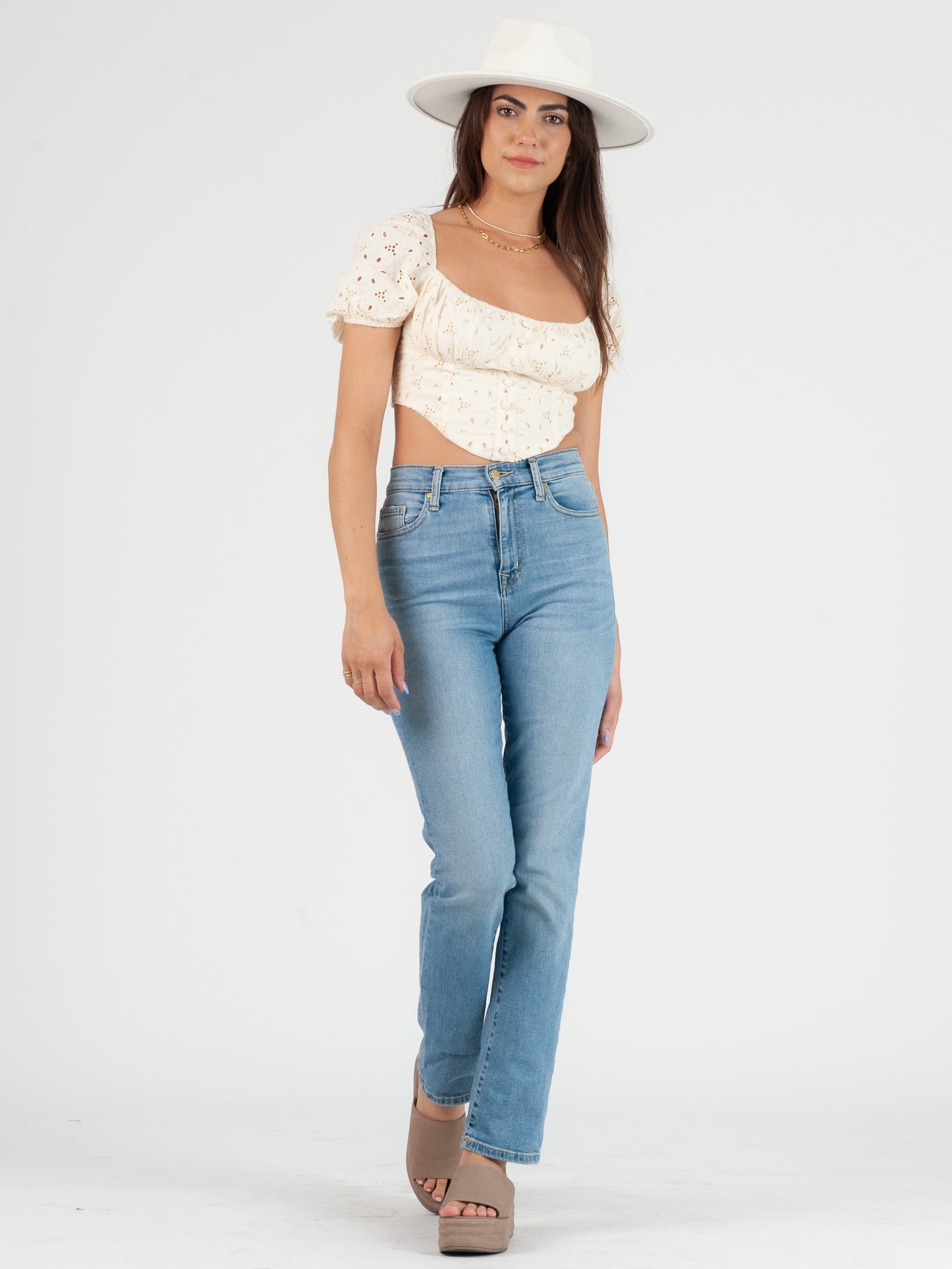 CELESTE EYELET PUFF SLEEVE TOP-IVORY