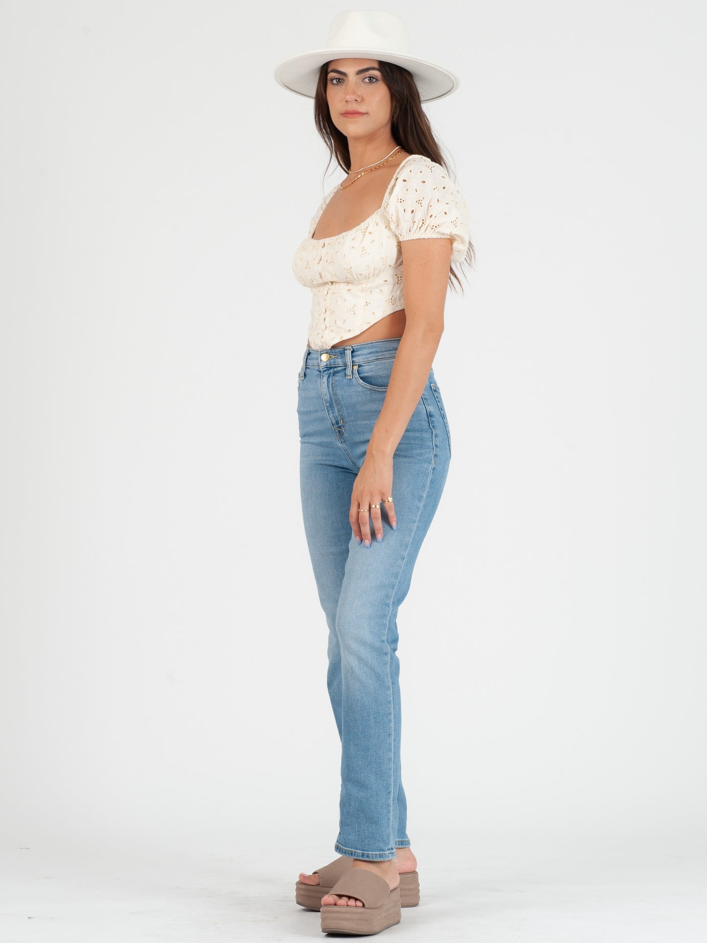 CELESTE EYELET PUFF SLEEVE TOP-IVORY