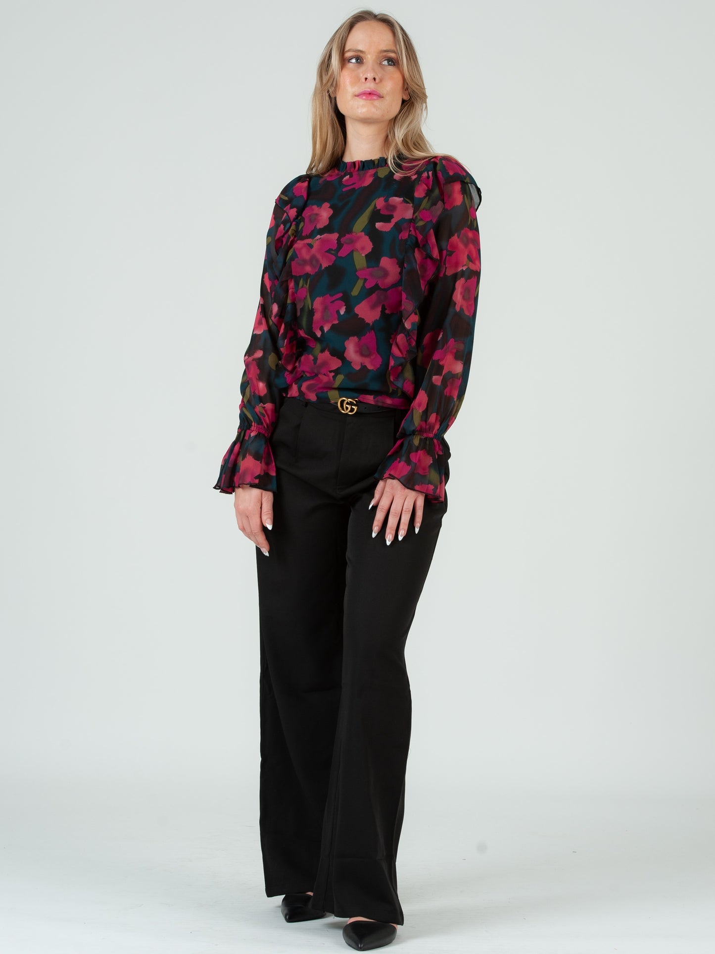 Women's Ruffle Front Long Sleeve Floral Blouse, Fuschia